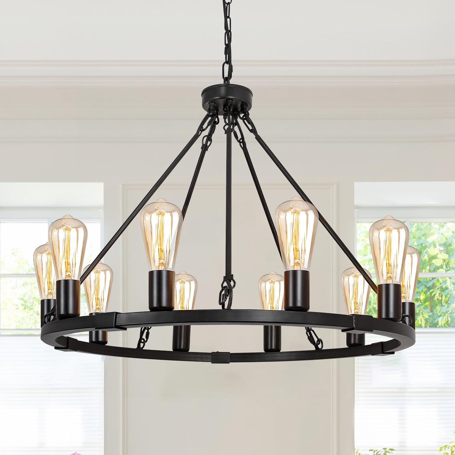 Round Farmhouse Black Chandelier — 16-Light — Black-10 Light
