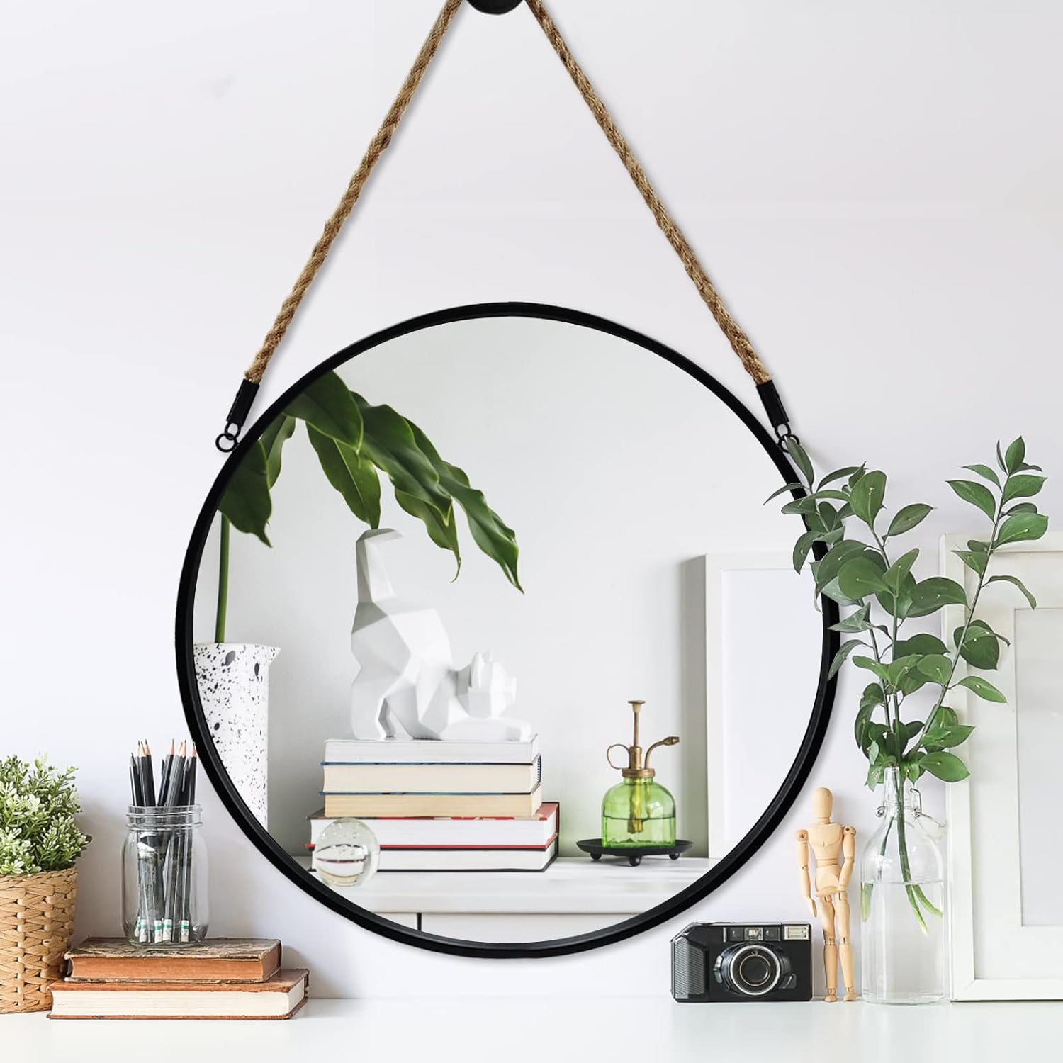 Round Farmhouse Beige Wall Mirror — 15" — Black