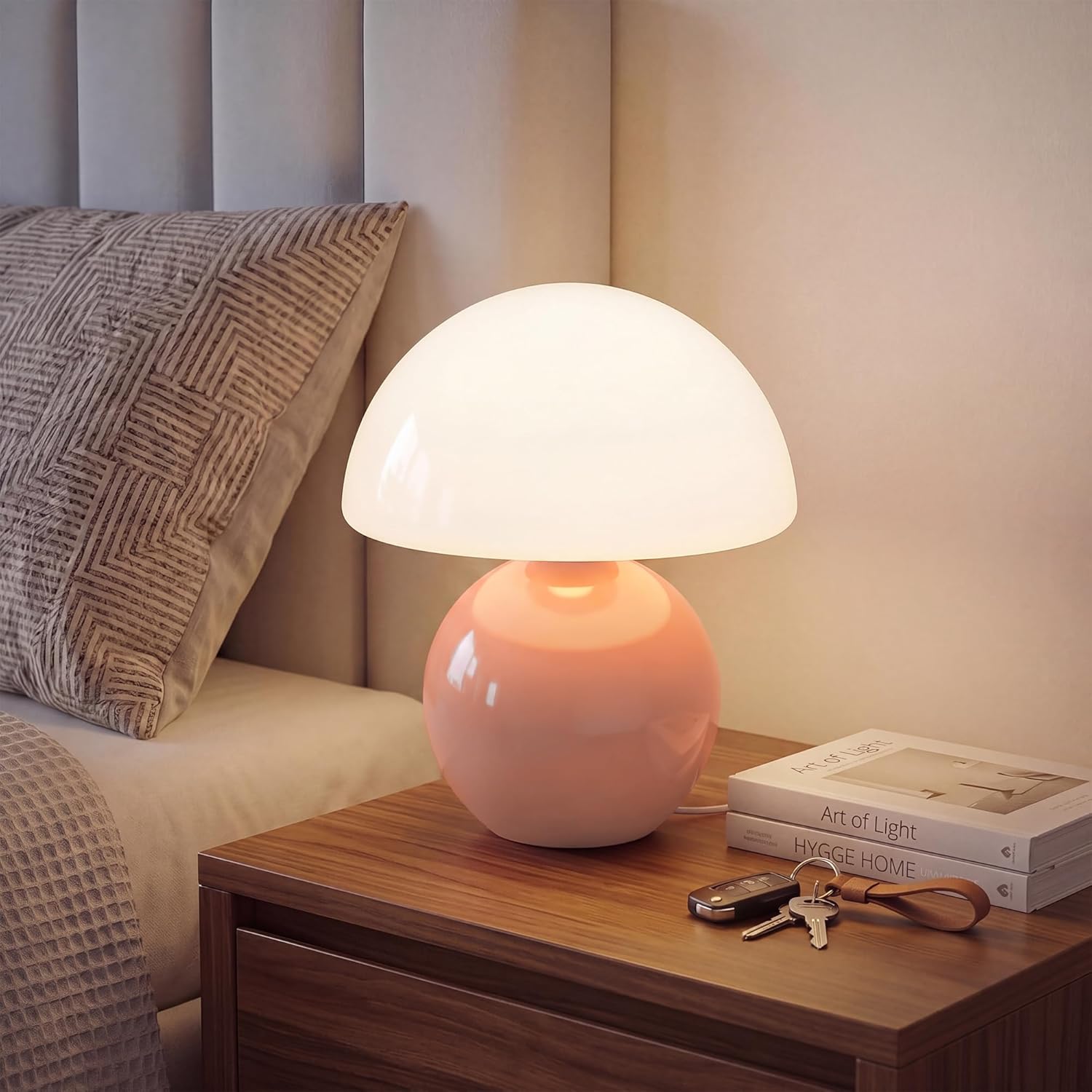Mid-Century Beige Table Lamp — Pink