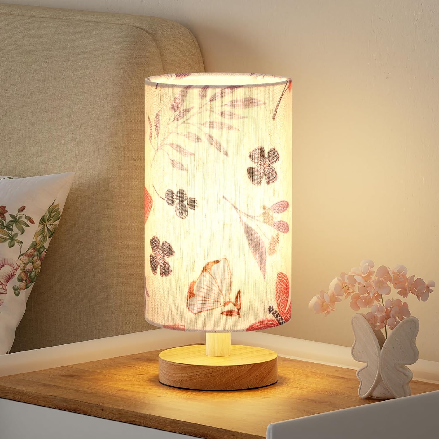 Beige Bedside Lamp — 9" — Butterfly Cream Shade