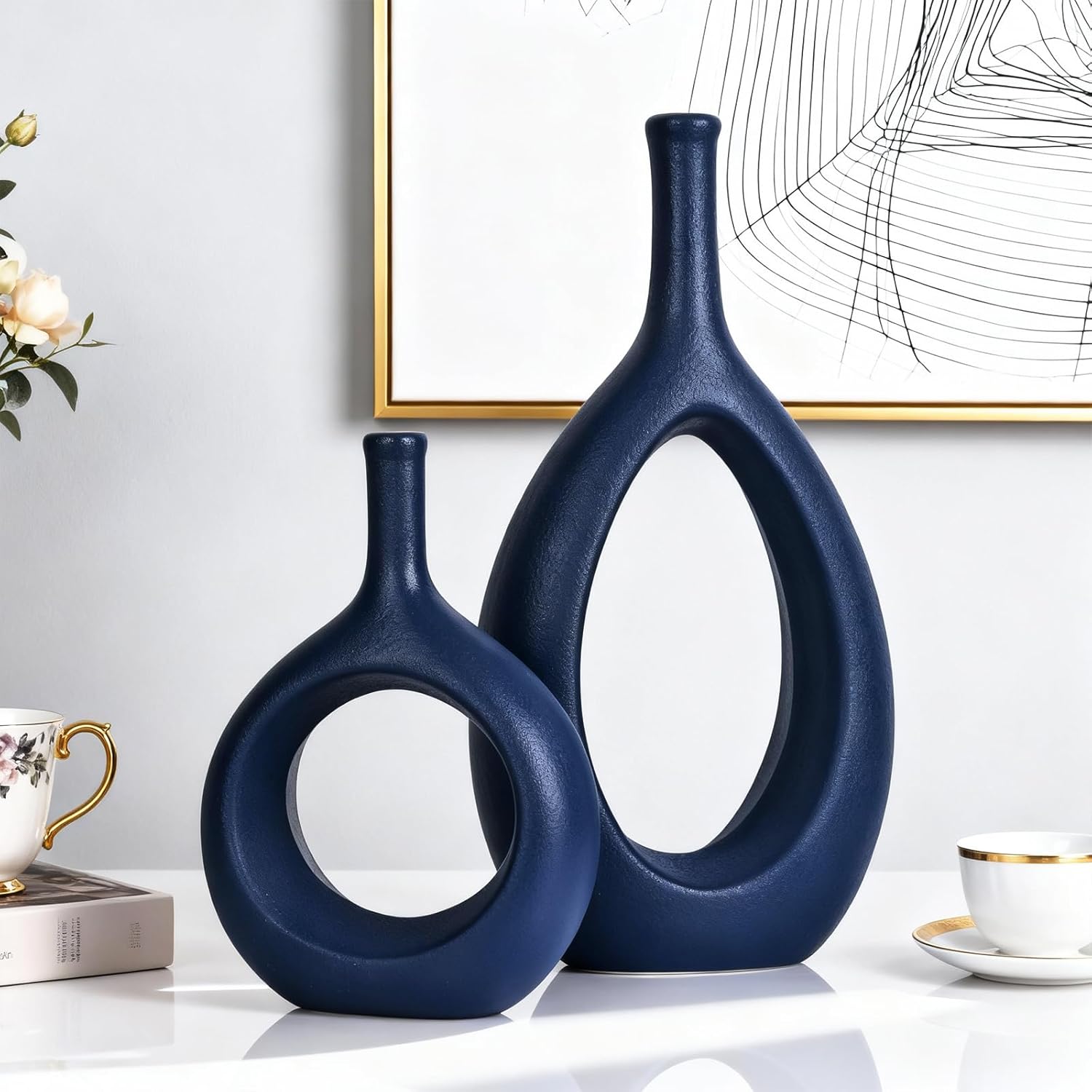 Boho Black Decorative Vase — Set of 2 — Navy Blue