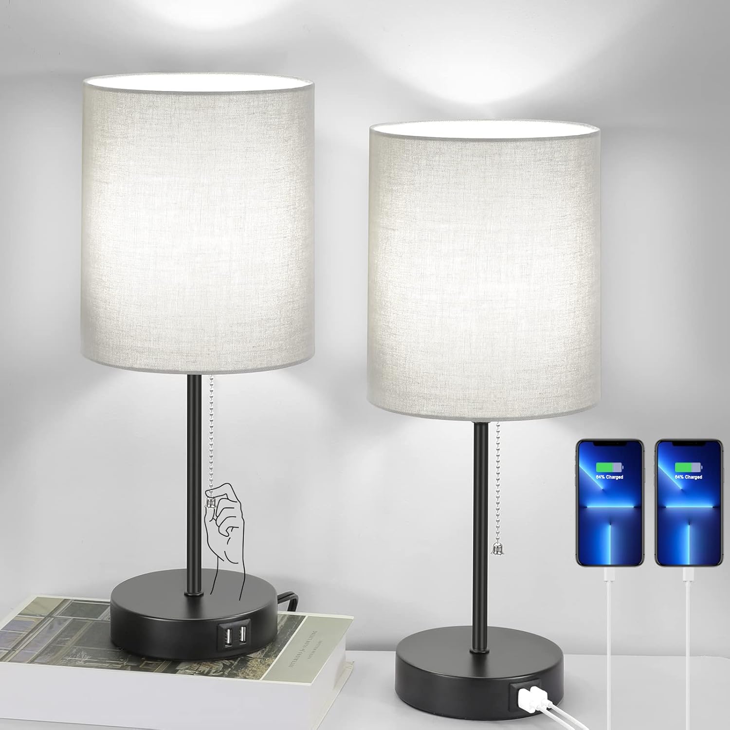 USB Black Desk Lamp — Set of 2 — Grey(Shade)