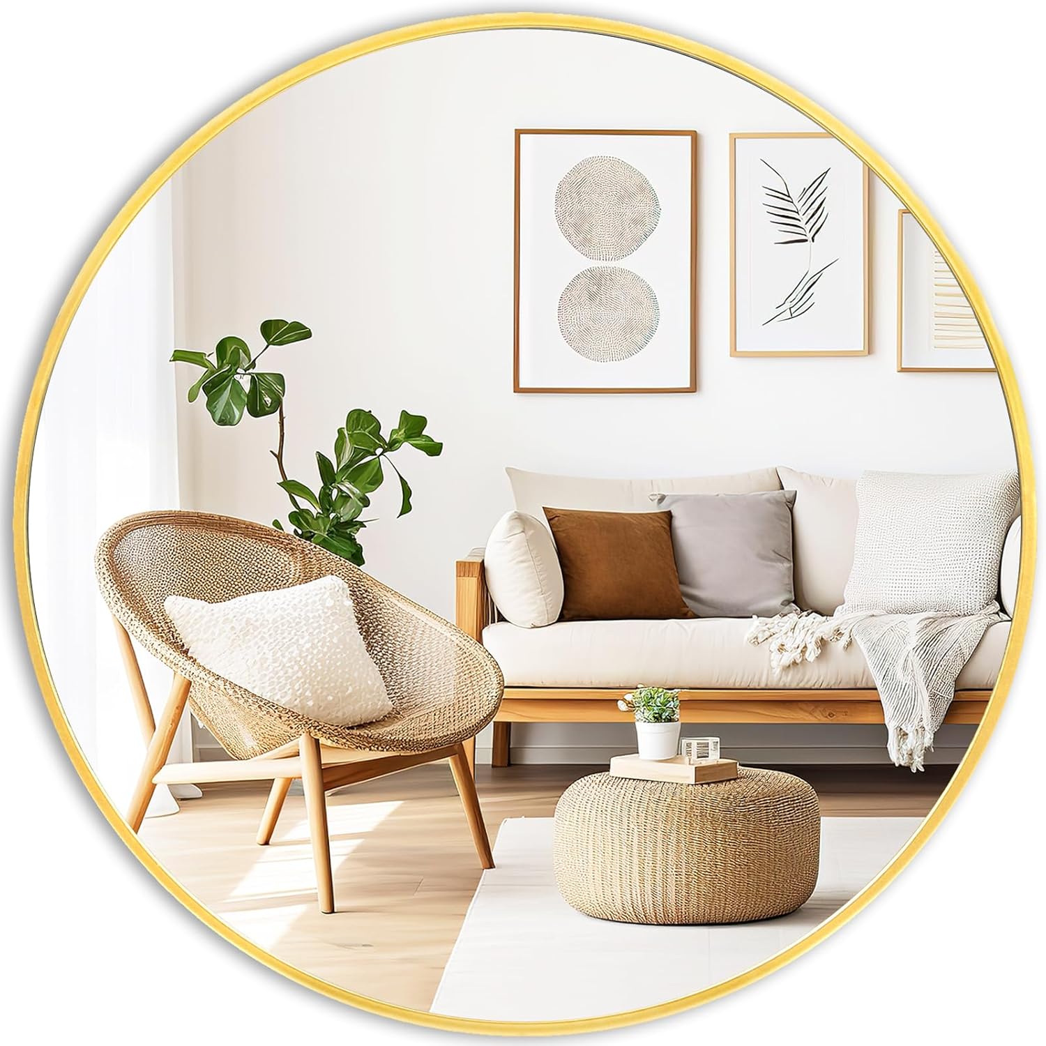 Framed Beige Round Mirror — 20" — 20"L x 20"W