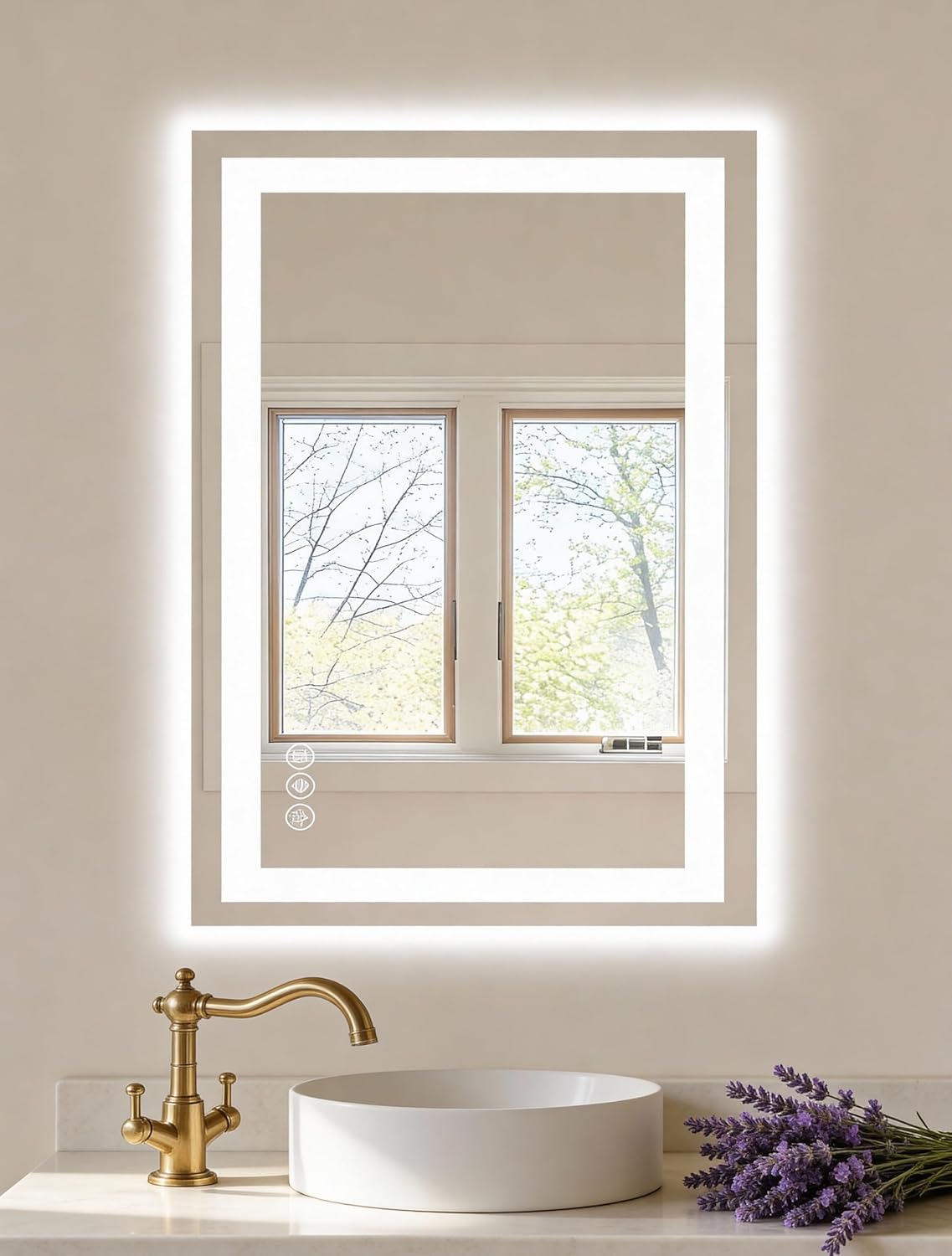 Round Luxe Beige Wall Mirror — 30" — White-rectangular-led
