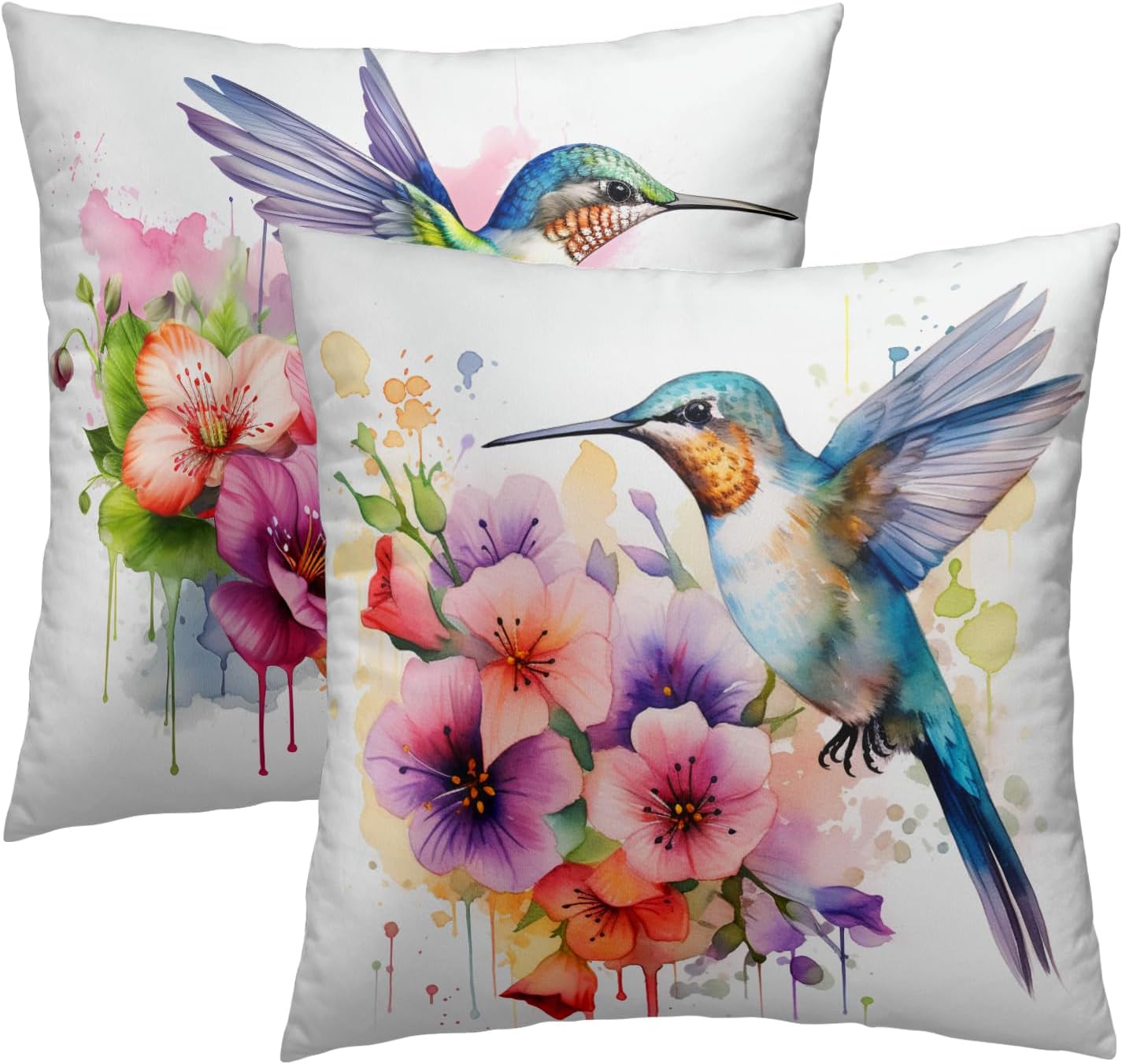 Boho Black Throw Pillow Cover — 18" — Floral Hummingbird