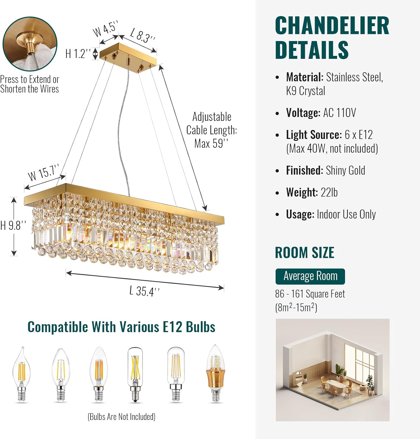 Adjustable Luxe Glass Chandelier — 6-Light - View 9