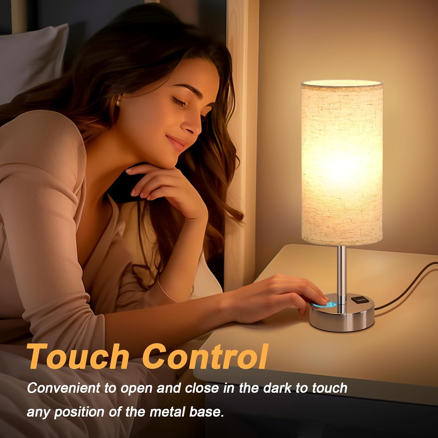 Dimmable Beige Bedside Lamp - View 5