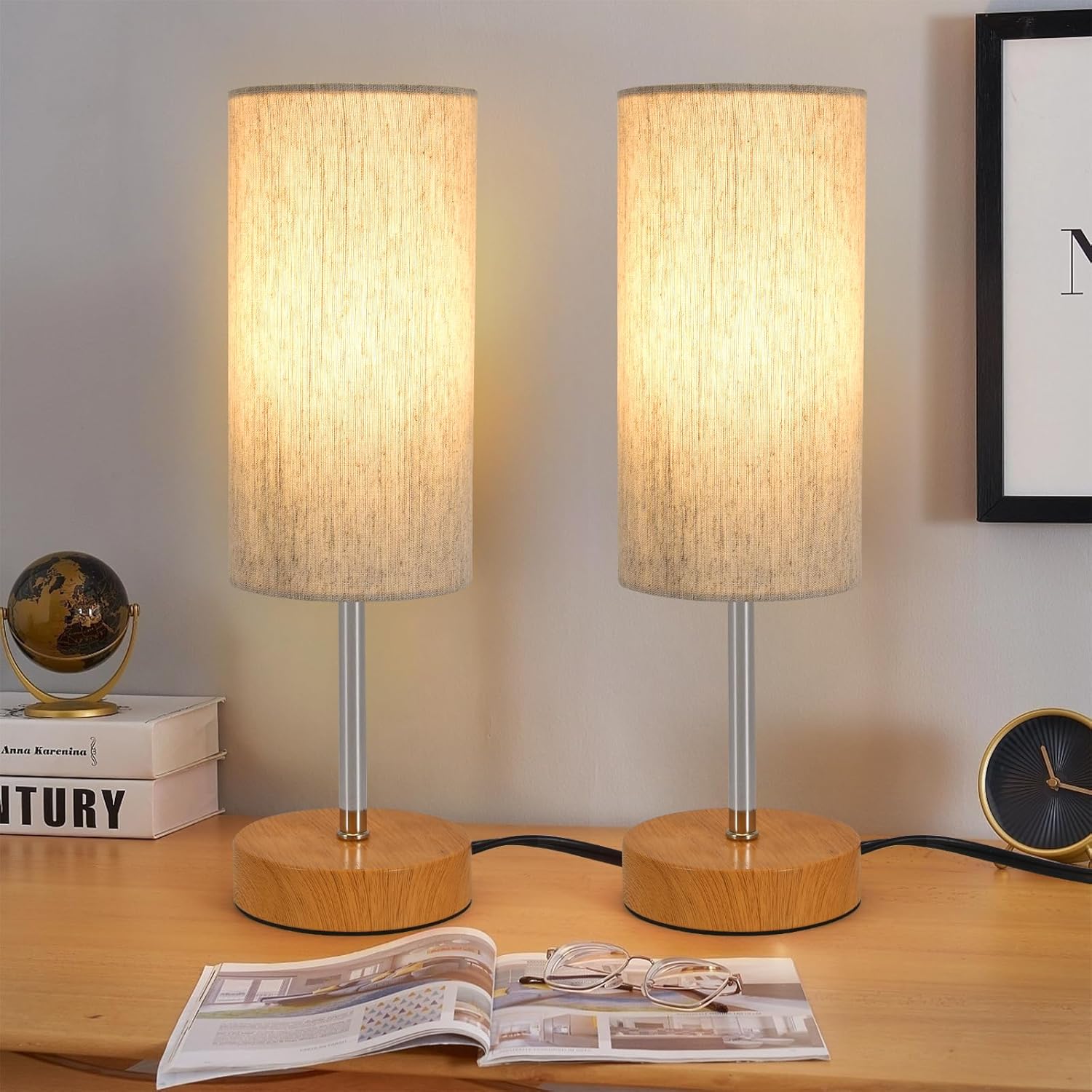 Linen Modern Beige Desk Lamp — 2 Pack Beige-Wood