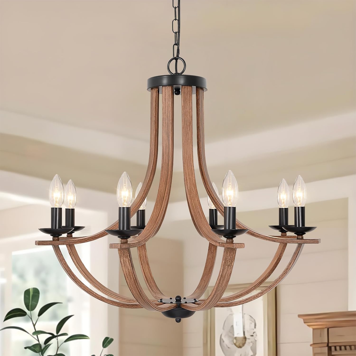 Round Farmhouse Black Chandelier — 12-Light — Wood-8 Light-E12