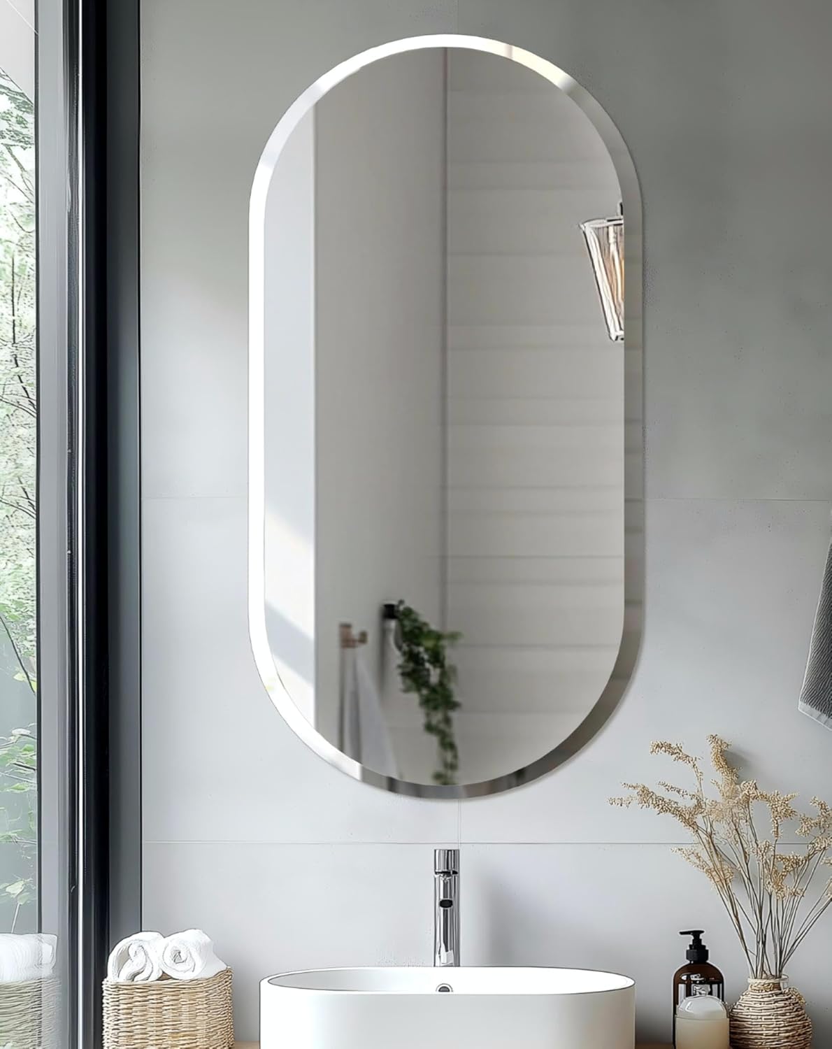 Beveled Beige Wall Mirror — 32" — Silver-oblong Oval
