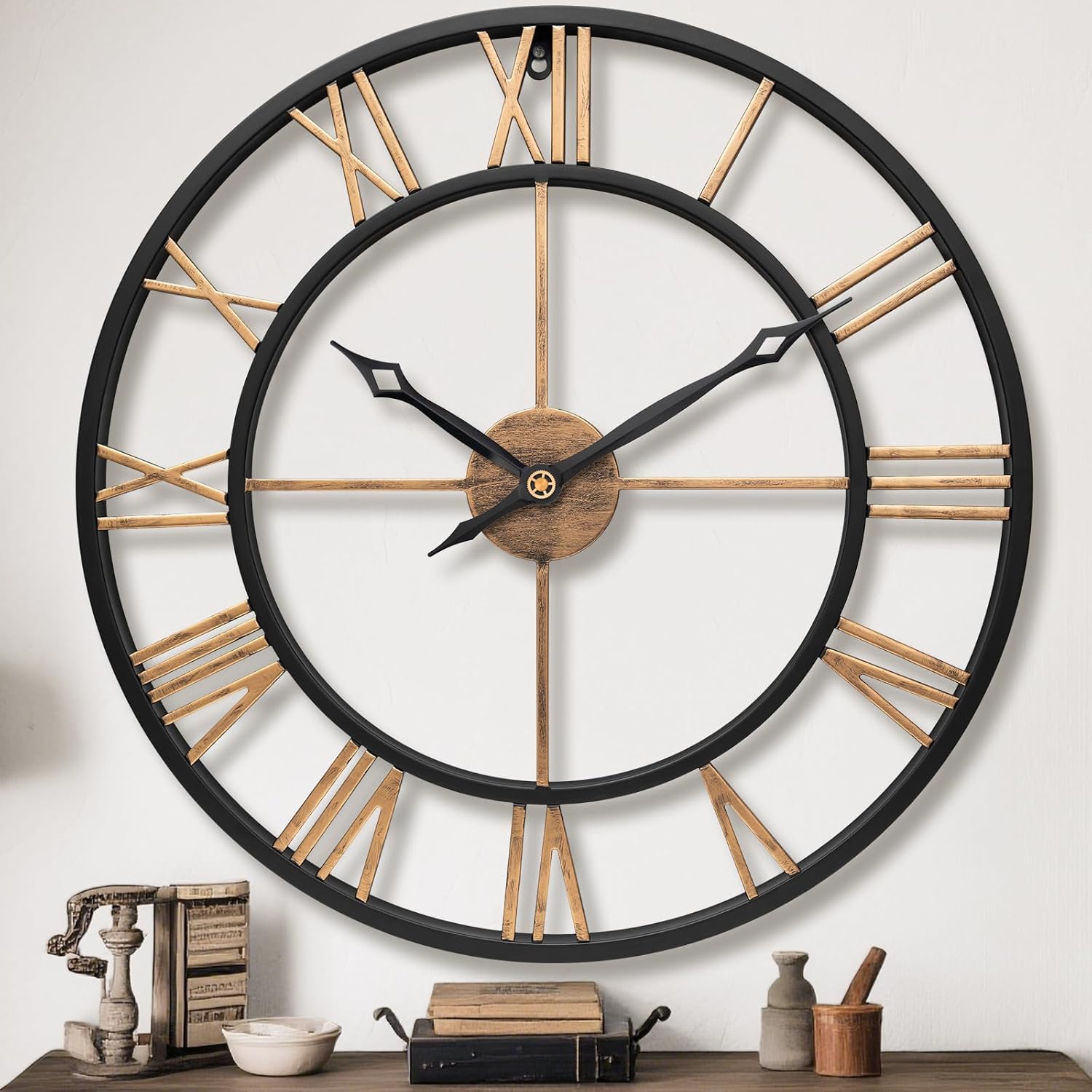 Oversized Luxe Black Wall Clock — 24" — Vintage Gold