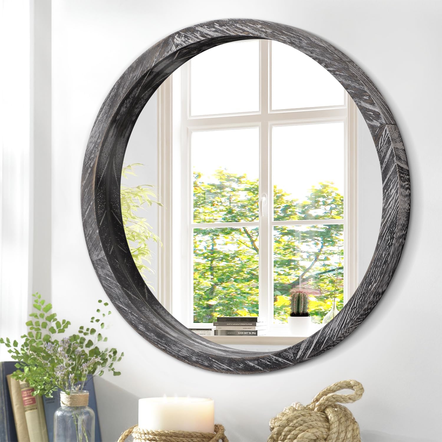 Round Farmhouse Black Wall Mirror — 24" — 24"L x 24"W