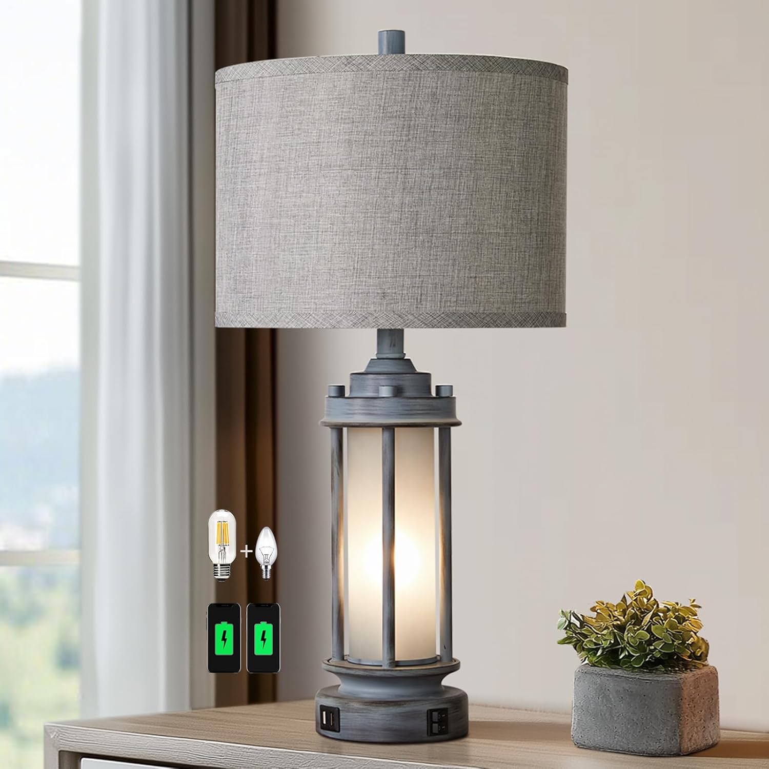 USB Charging Farmhouse Black Table Lamp — Set of 2 — 1 Pack-Gray Green