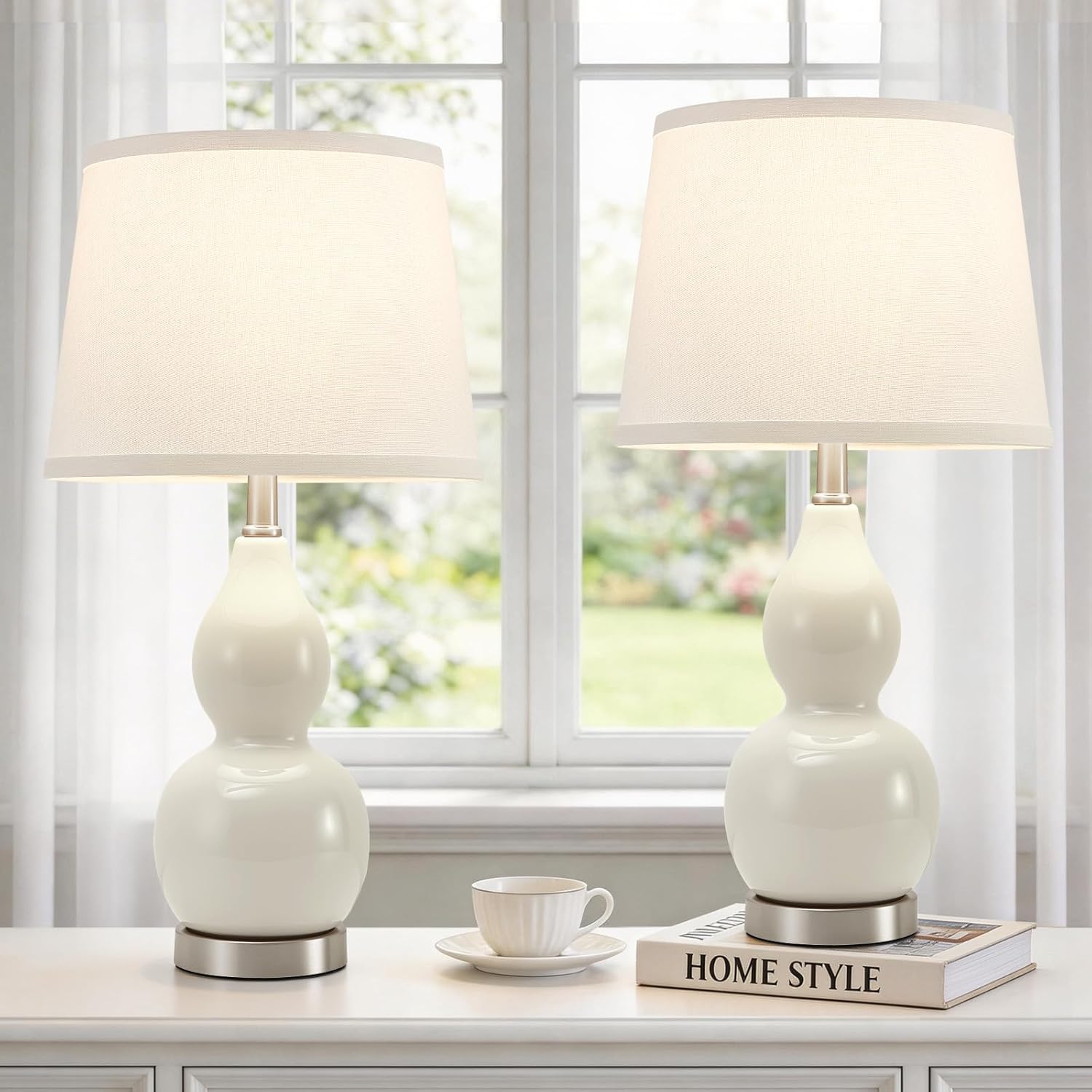 Modern Beige Nightstand Lamp — 18" — 22.63" Cream Gourd