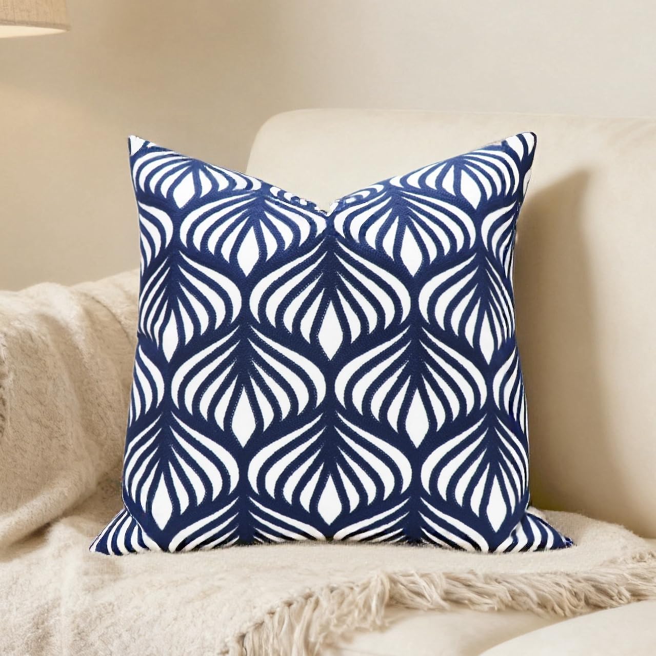 Embroidered Boho Beige Throw Pillow Cover — 18" — Navy Leaves