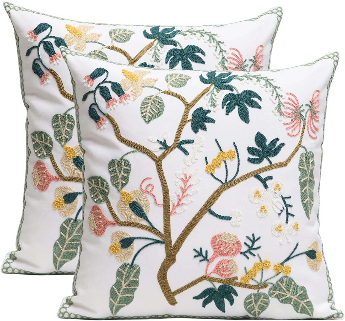 Embroidered Boho Blue Throw Pillow Cover — 18" — Spring Tree Floral