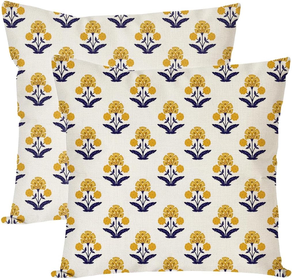 Vintage Boho Blue Throw Pillow Cover — 18" — Yellow