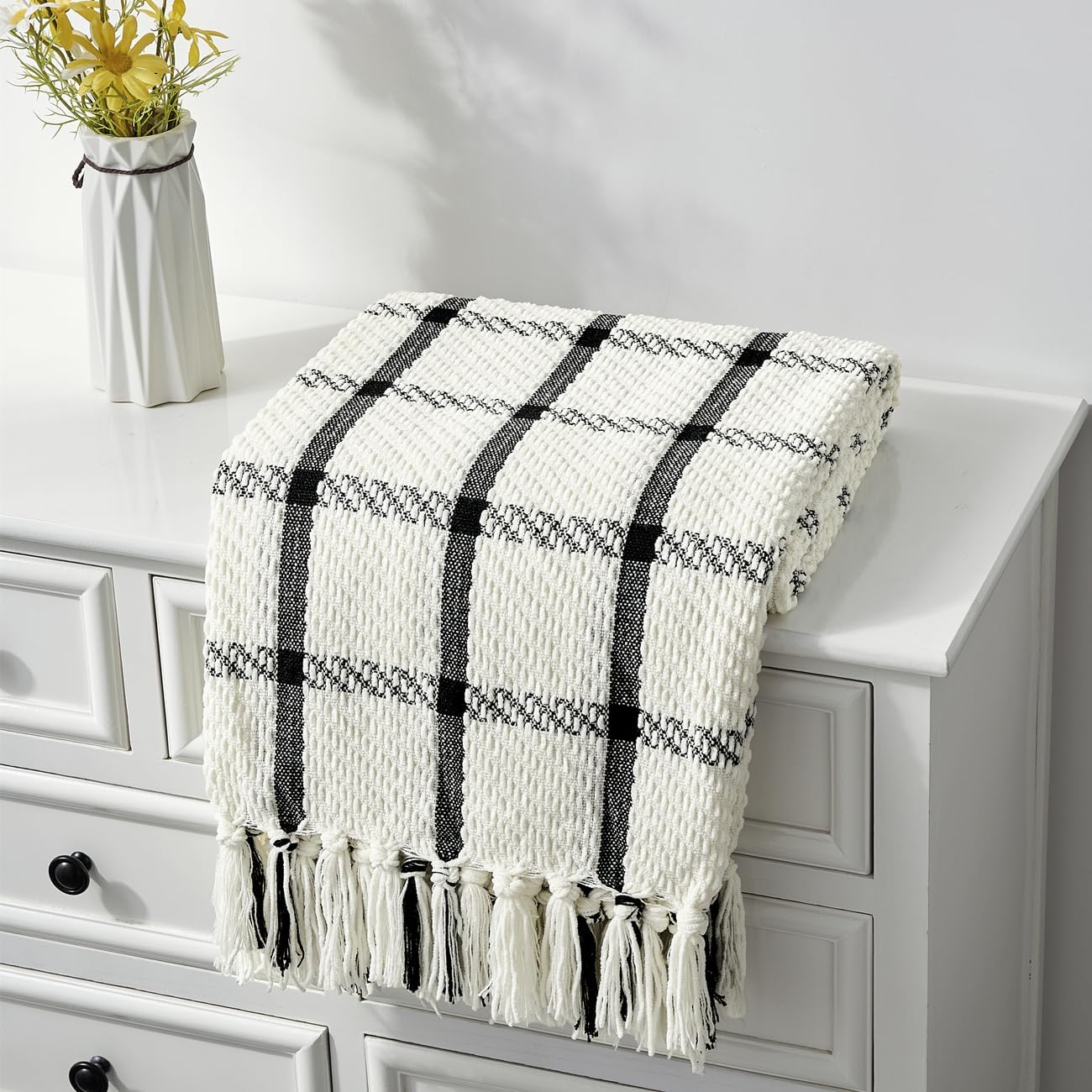Boho Beige Throw Pillow — 50" — Chenille Black