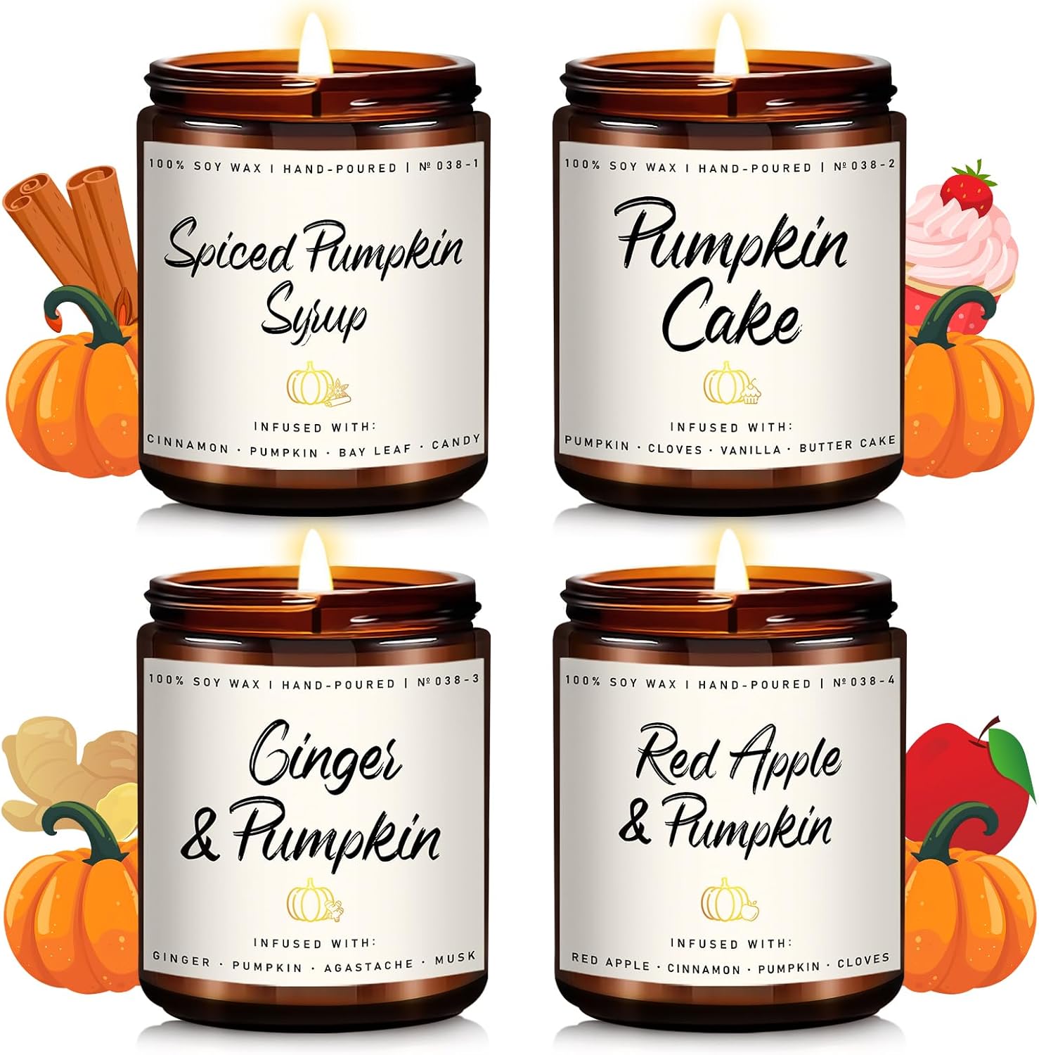 Soy Wax Scented Candle — Set of 4 — 4Pack- Pumpkin Cake/Red Apple/Syrup/Ginger