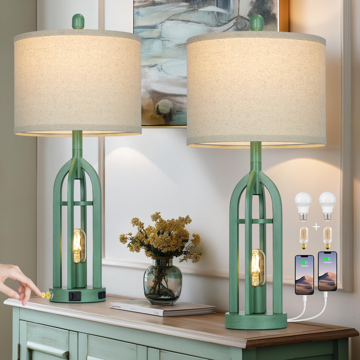 USB Farmhouse Black Bedside Lamp — 27" — Green