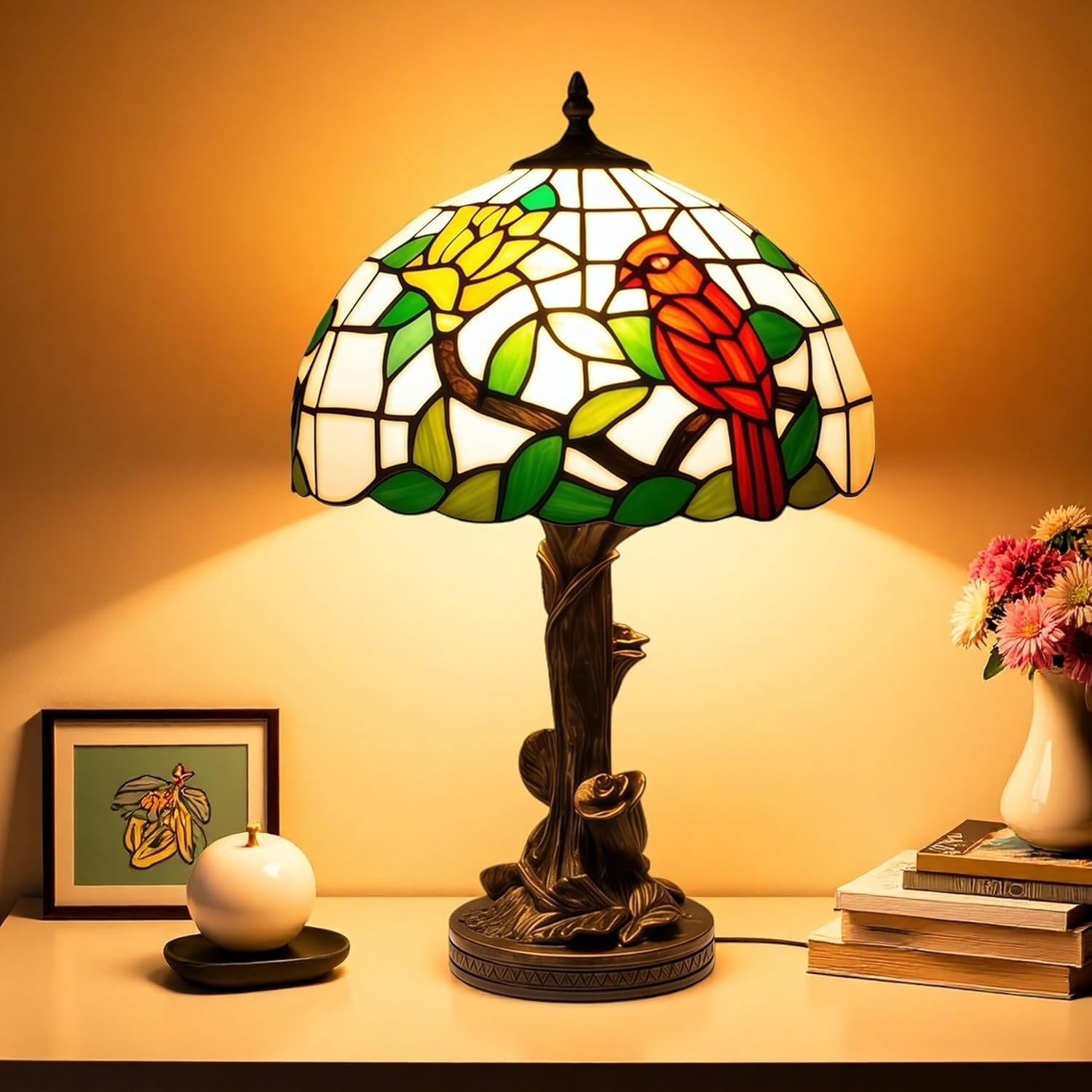 Vintage Glass Table Lamp — Cardinal Tiffany 12in