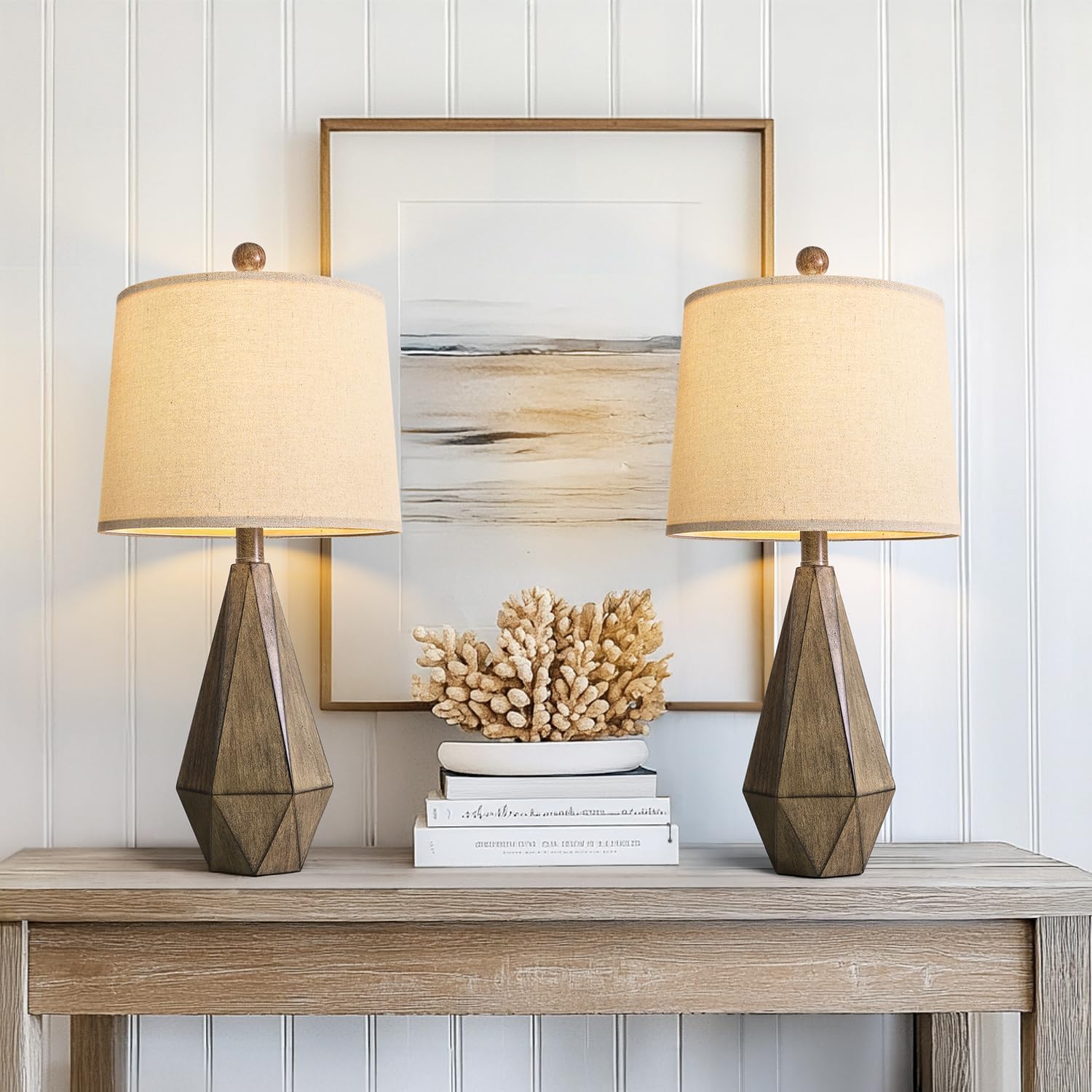 Linen Farmhouse Black Nightstand Lamp — 20.25" — Dark Wood Resin
