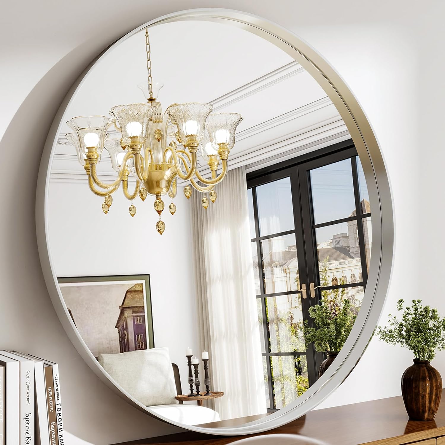 Round Modern Black Mirror — 24" — Silver
