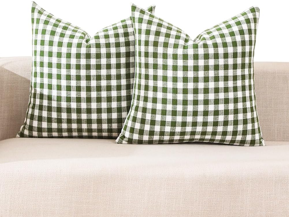 Farmhouse Beige Pillow Cover — 20" — Green & White Gingham Set of 2