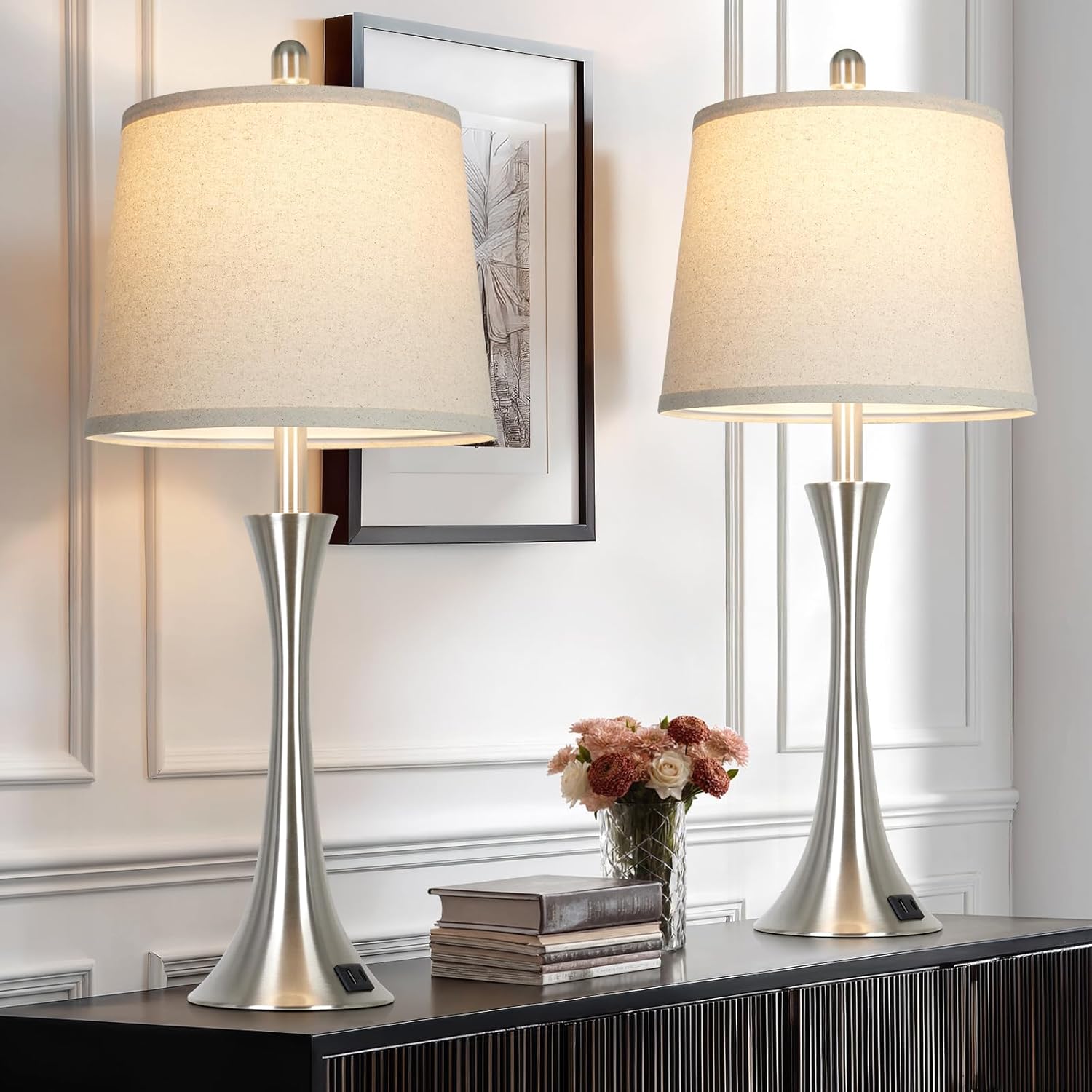 Dimmable Black Bedside Lamp — 27.5" — Silver (2 Pack)
