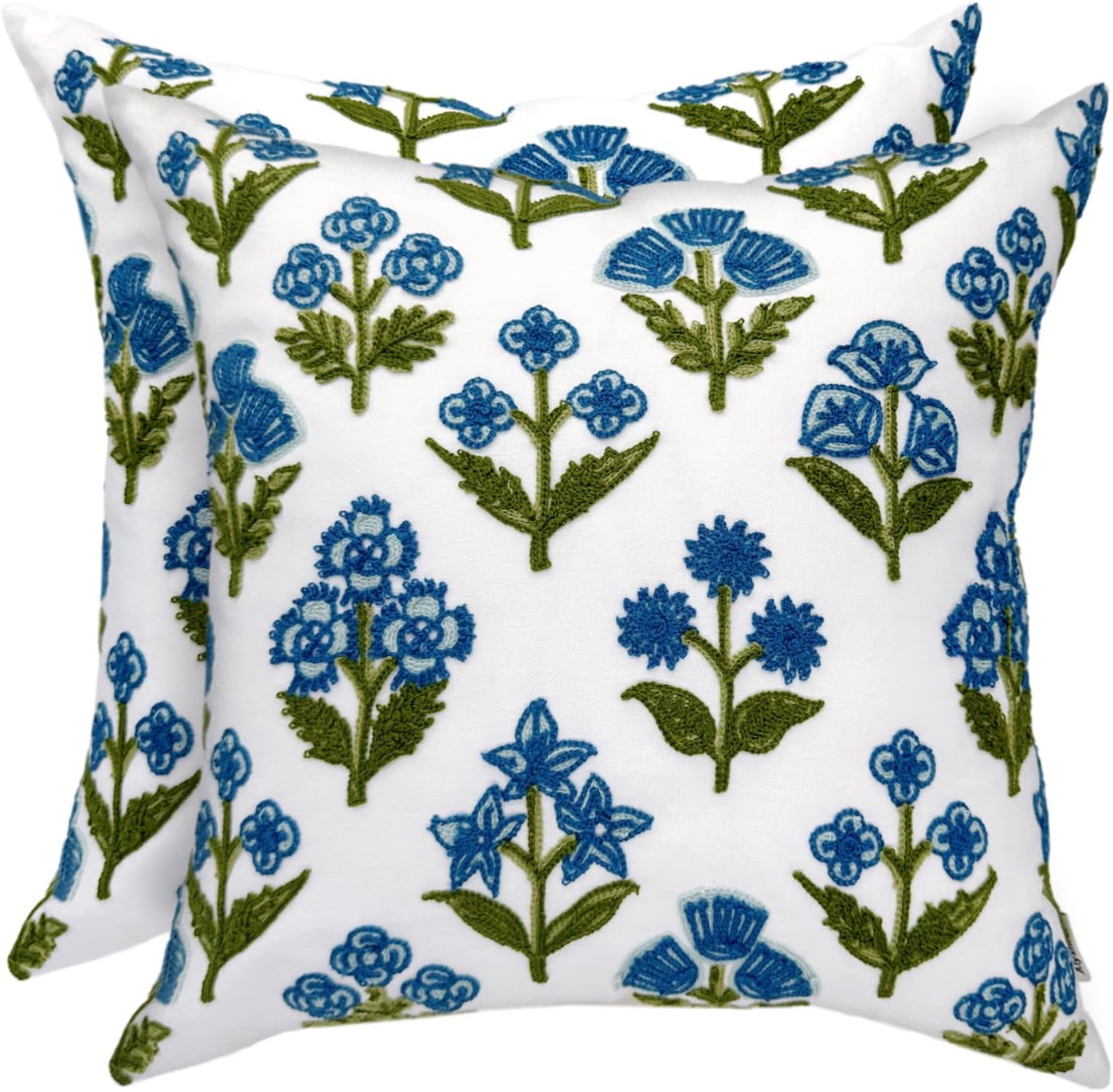 Embroidered Boho Blue Throw Pillow Cover — 18" — Block Blue