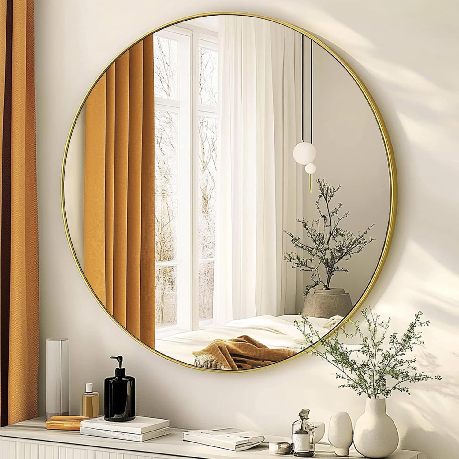 Round Black Wall Mirror — 30" — Gold