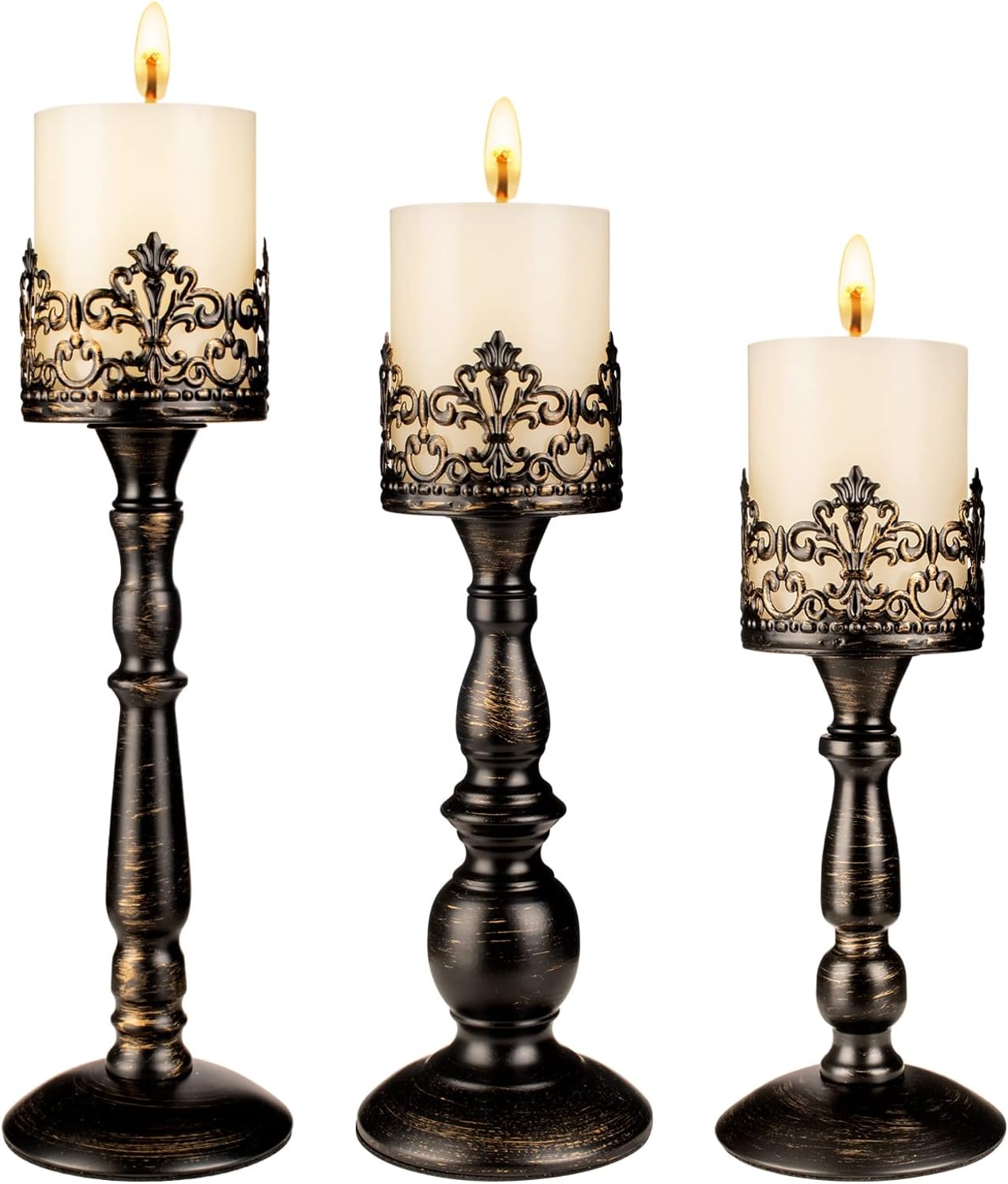 Vintage Luxe Black Pillar Candle — Set of 3 — Distressed Black