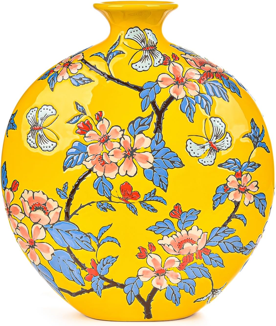 Hand-Carved Beige Decorative Vase — Yellow & Flower