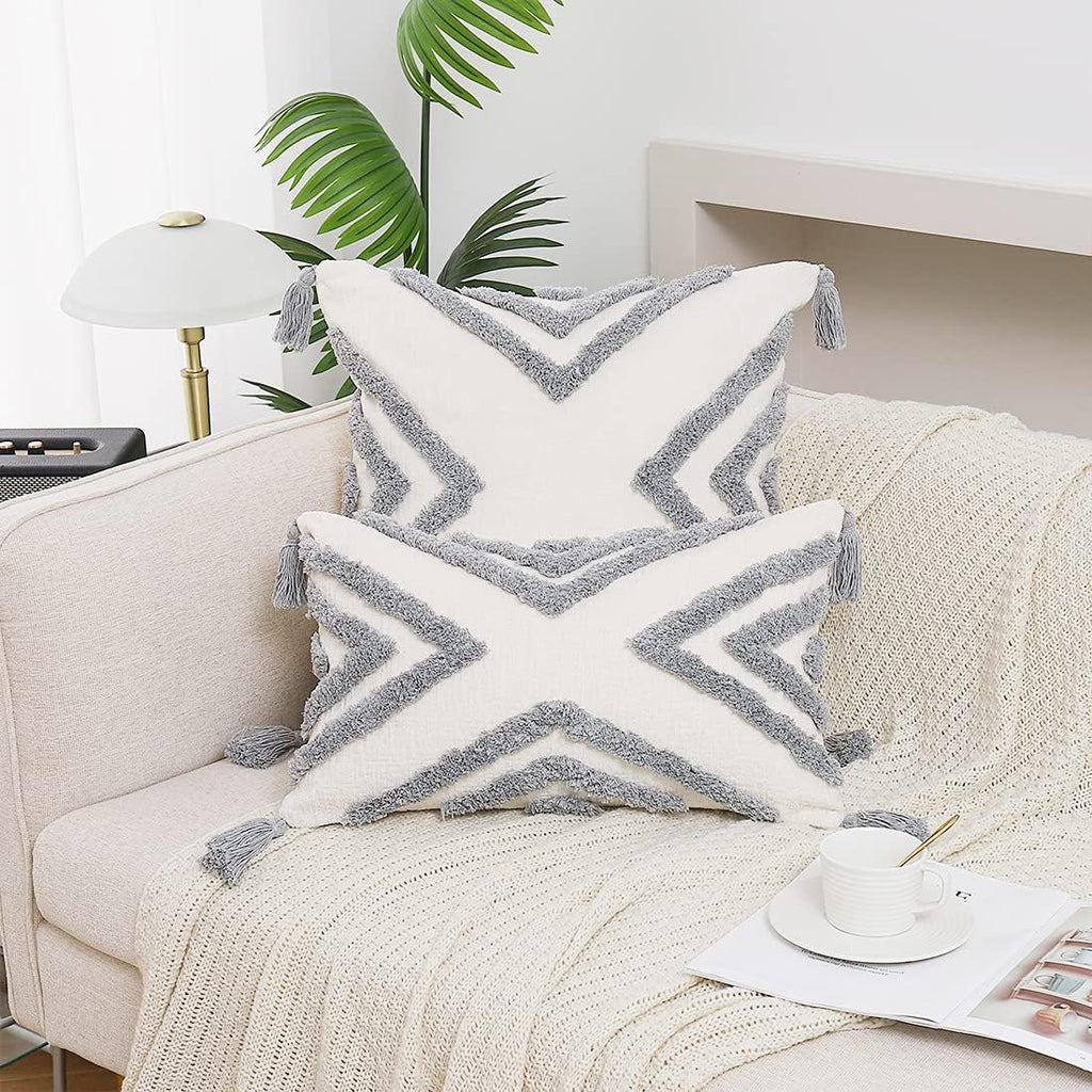 Tufted Boho Grey Throw Pillow Cover — 20" - View 3