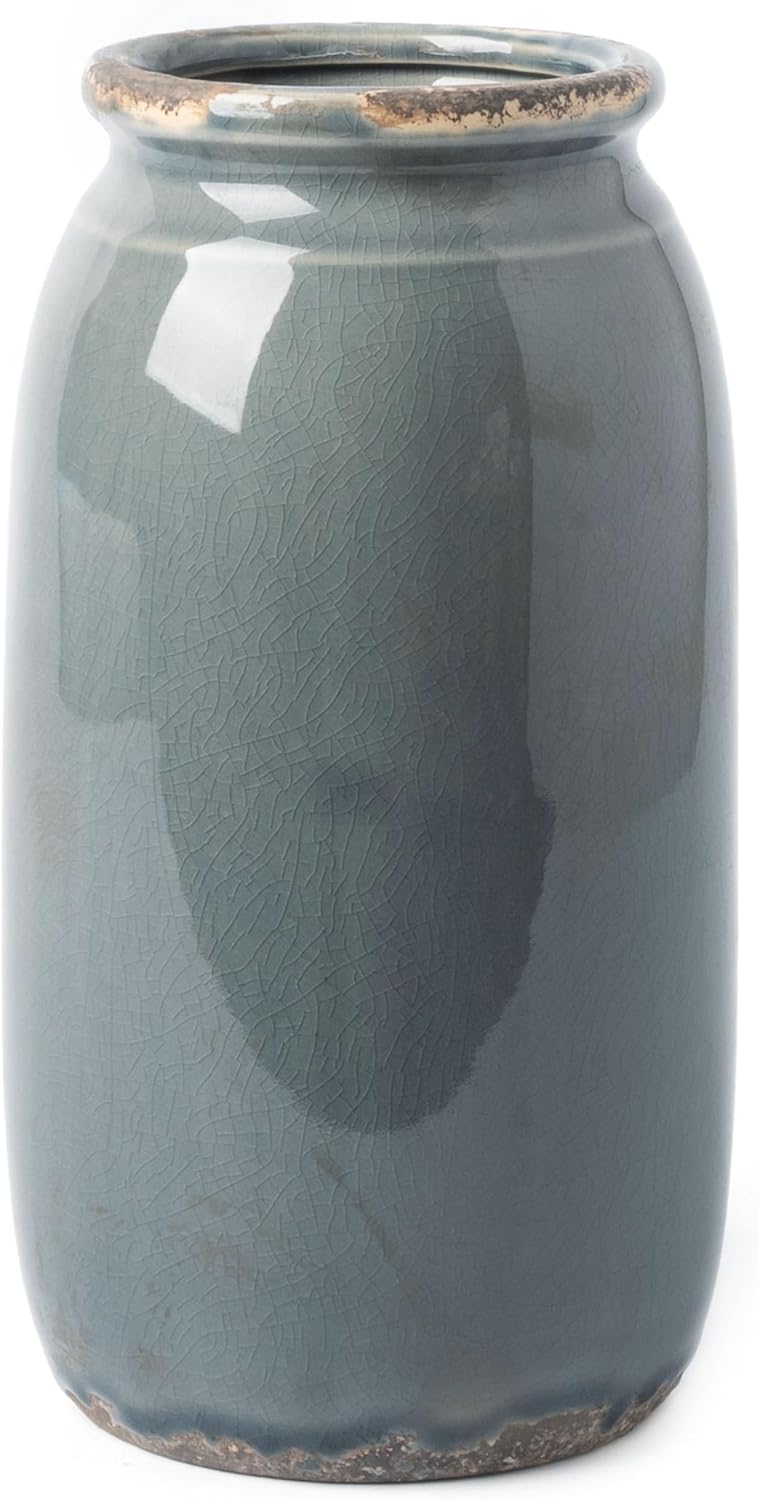 Farmhouse Blue Decorative Vase — 8" — Blue and Grey