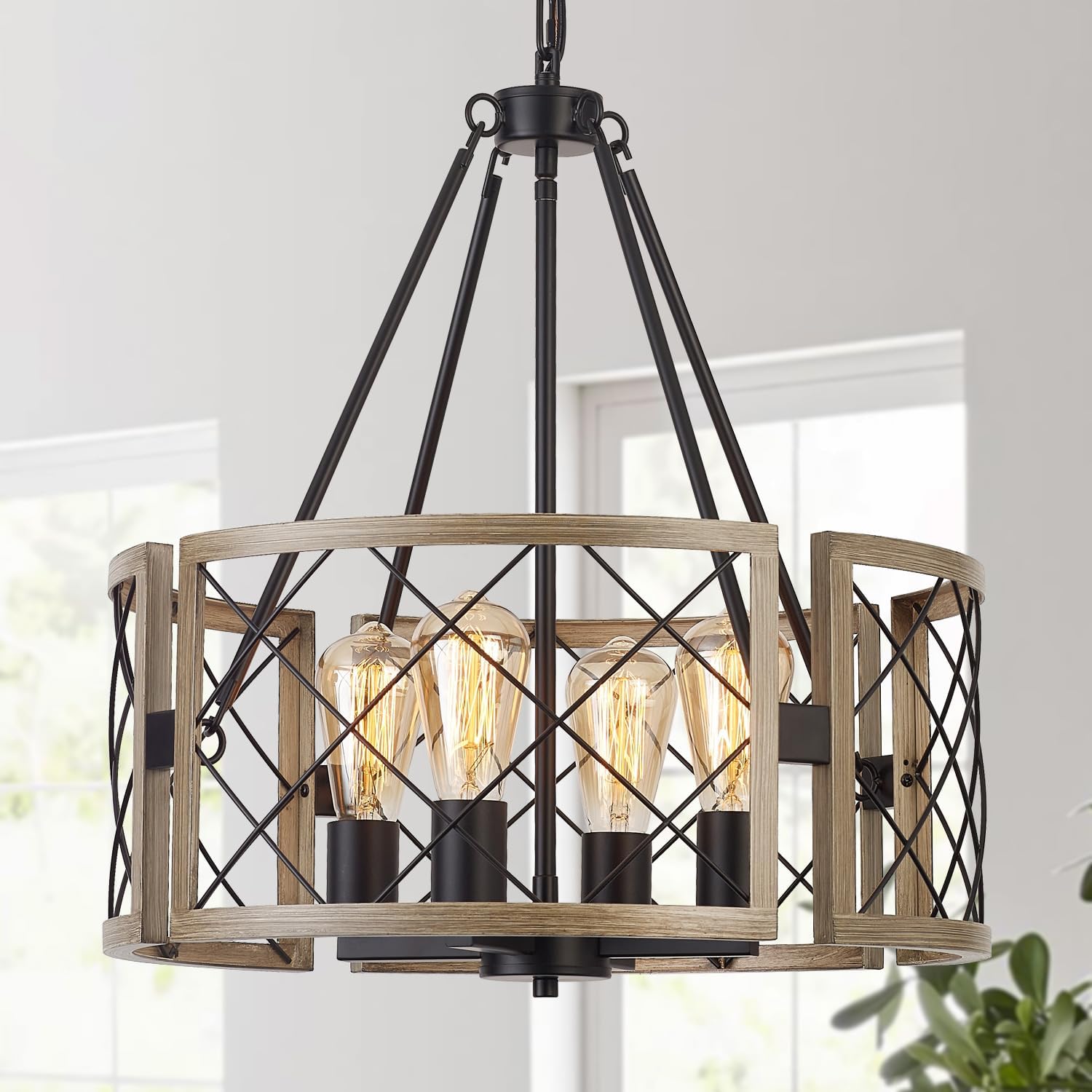 Adjustable Farmhouse Grey Chandelier — 4-Light — Grey Wood