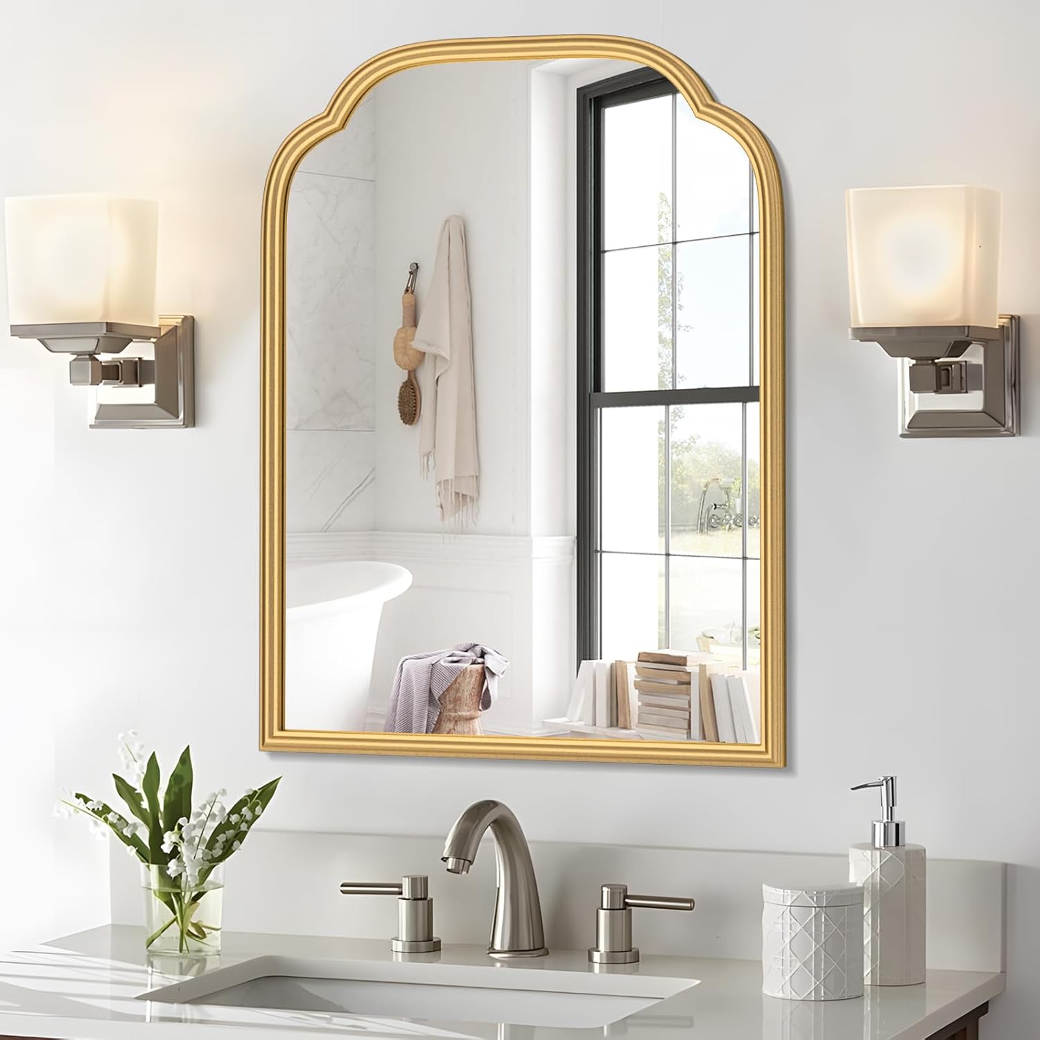 Framed Luxe Beige Vanity Mirror — 30" — Gold