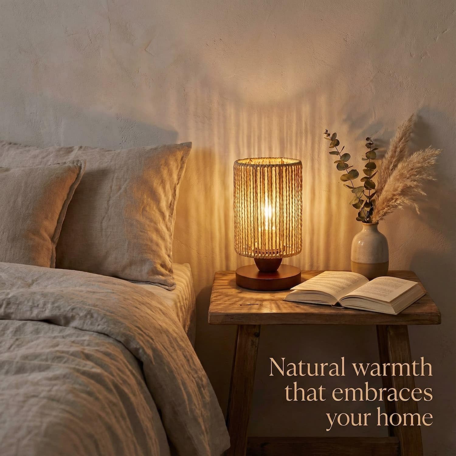Handwoven Boho Wood Bedside Lamp — 8.6" - View 7
