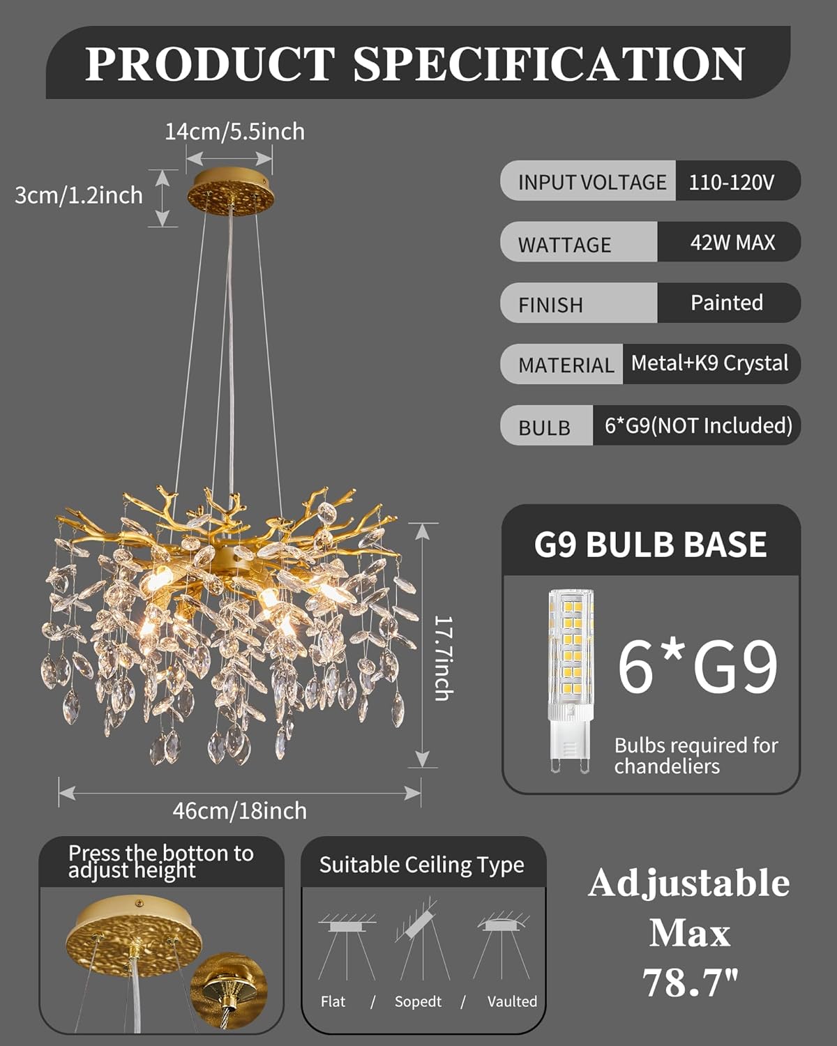 Round Luxe Black Chandelier — 6-Light - View 3