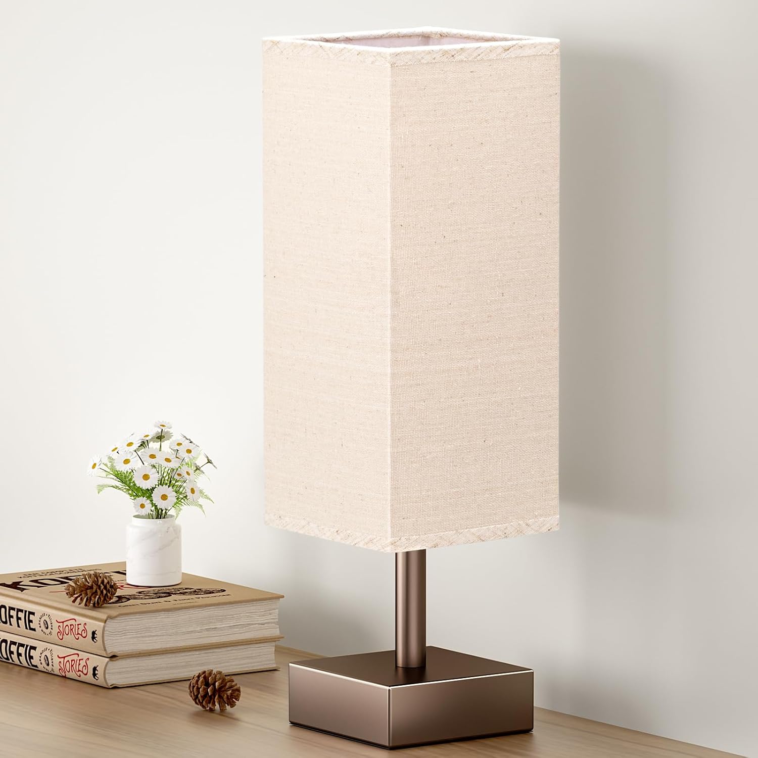 Modern Beige Bedside Lamp — Linen & Brown
