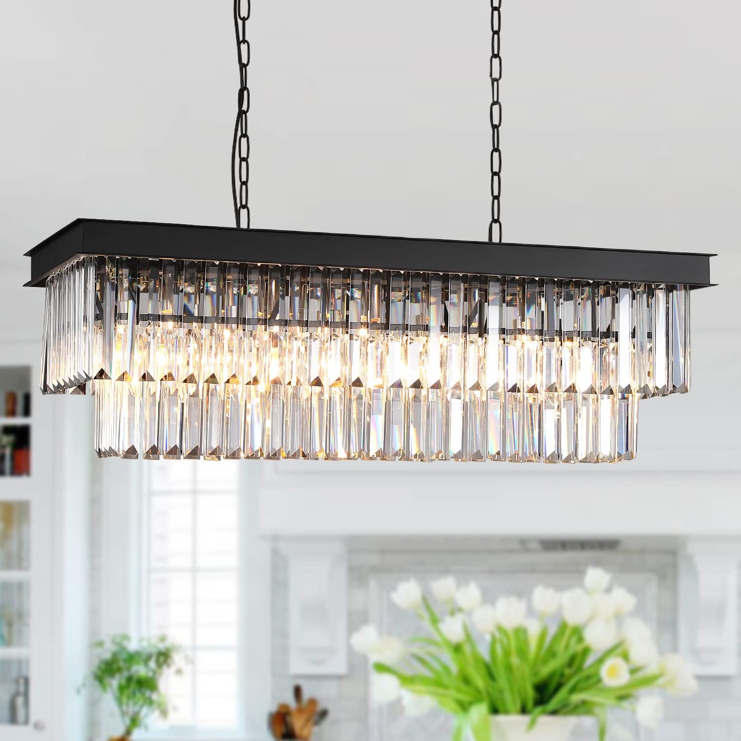 Round Luxe Black Chandelier — 12-Light — Long-Black