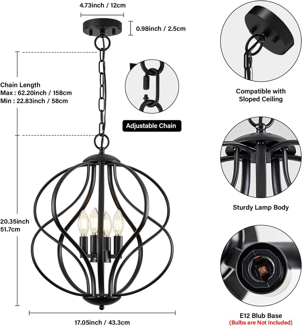 Modern Black Chandelier — 4-Light - View 5