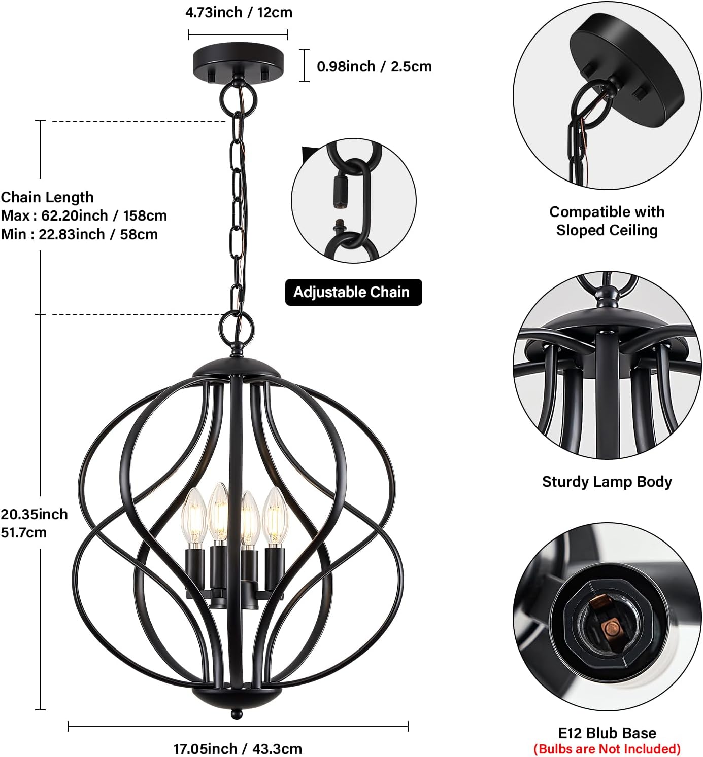 Modern Black Chandelier — 4-Light - View 5