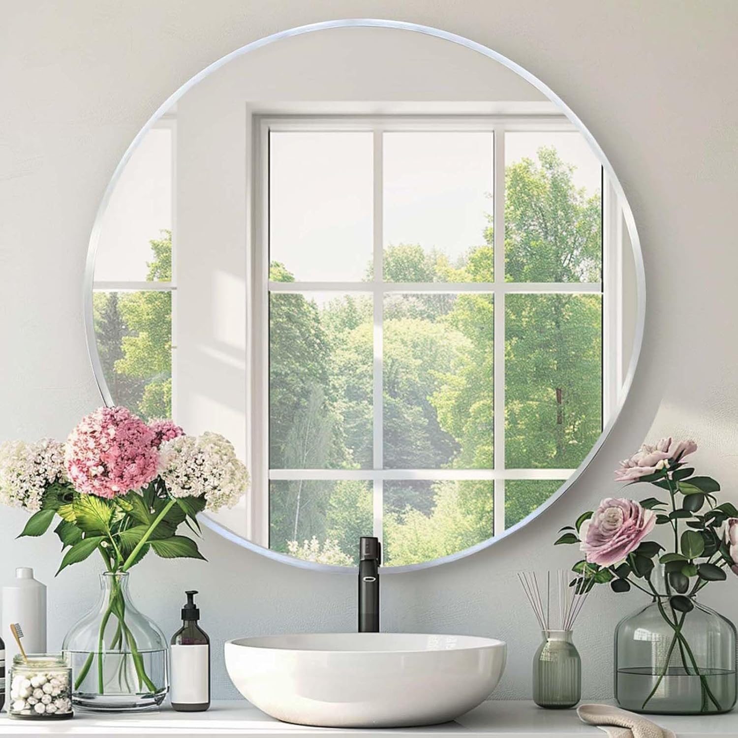 Round Black Mirror — 30" — Silver