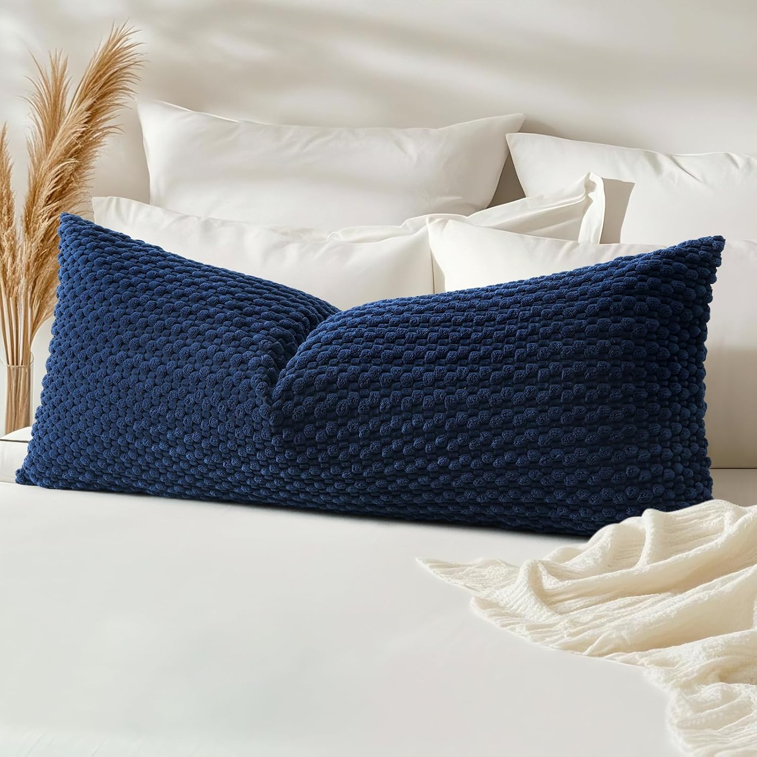 Lumbar Boho Beige Throw Pillow Cover — 24" — Navy Blue
