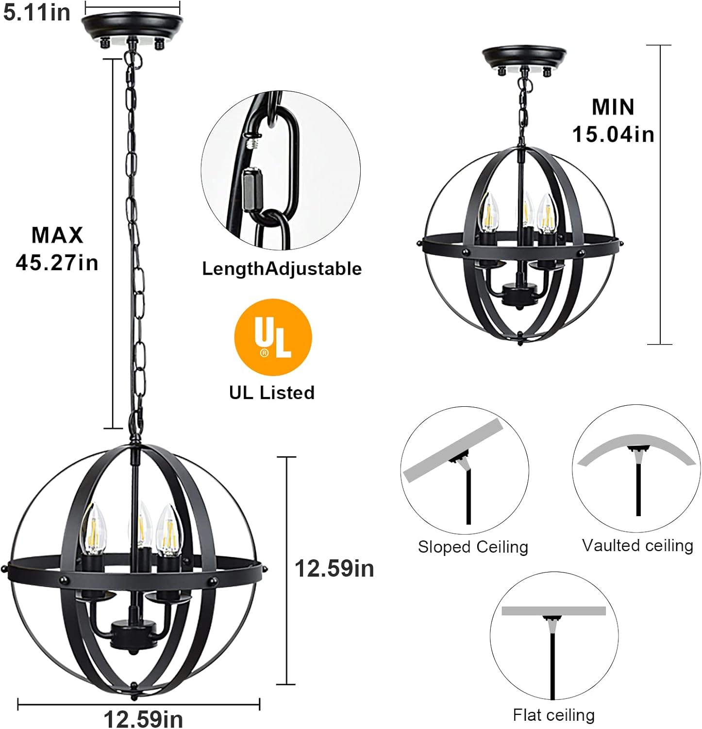 Vintage Black Chandelier — 3-Light - View 6