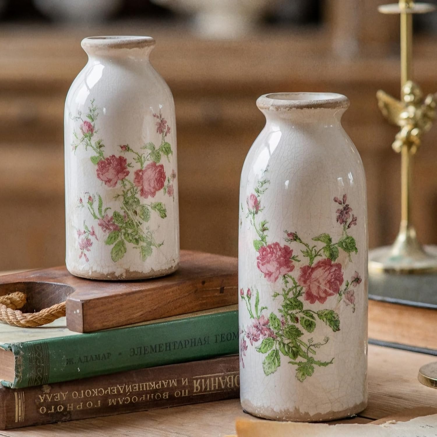 Vintage Farmhouse Green Flower Vase — Set of 3 — Pink Flora