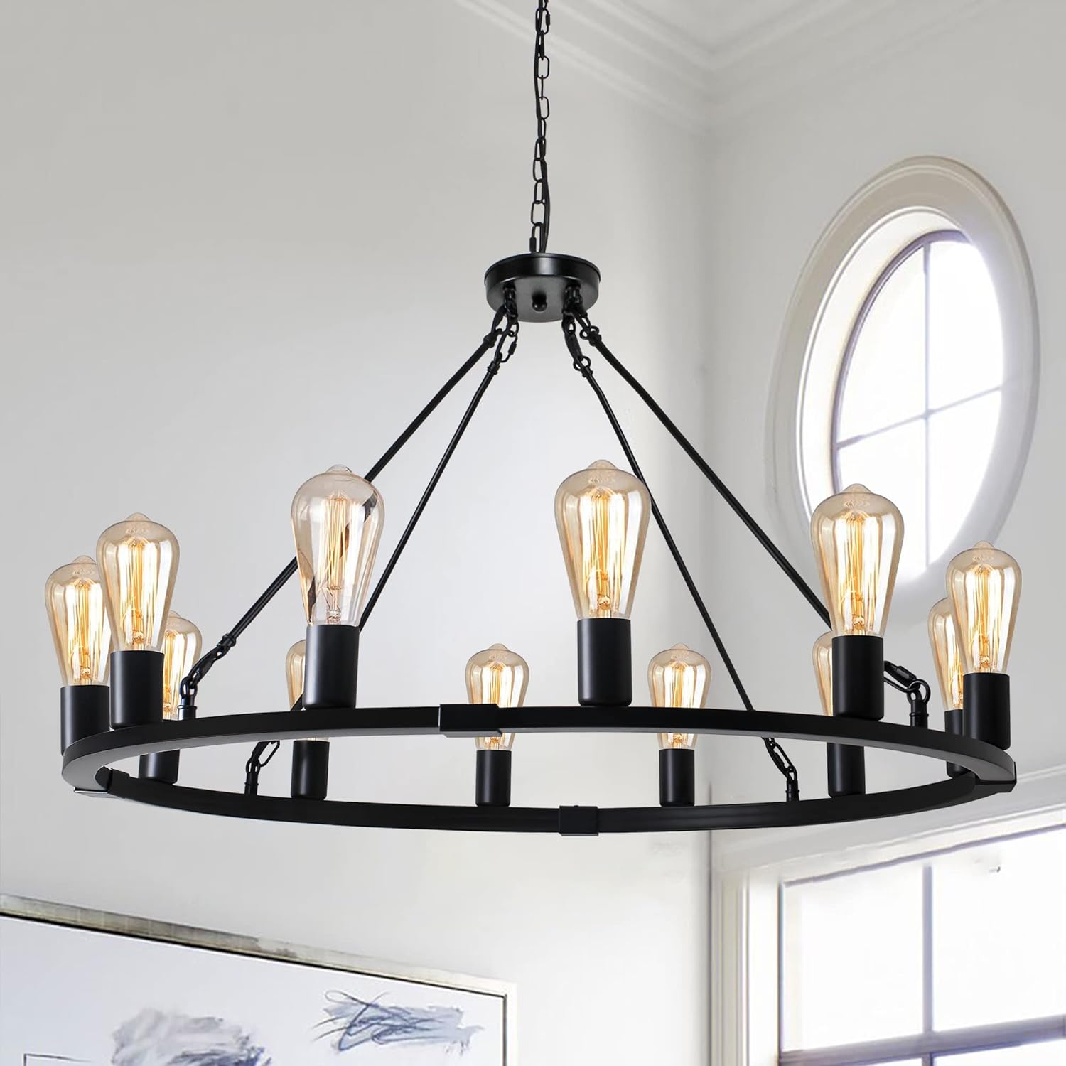 Round Farmhouse Black Chandelier — 16-Light — Black-12 Light-E26