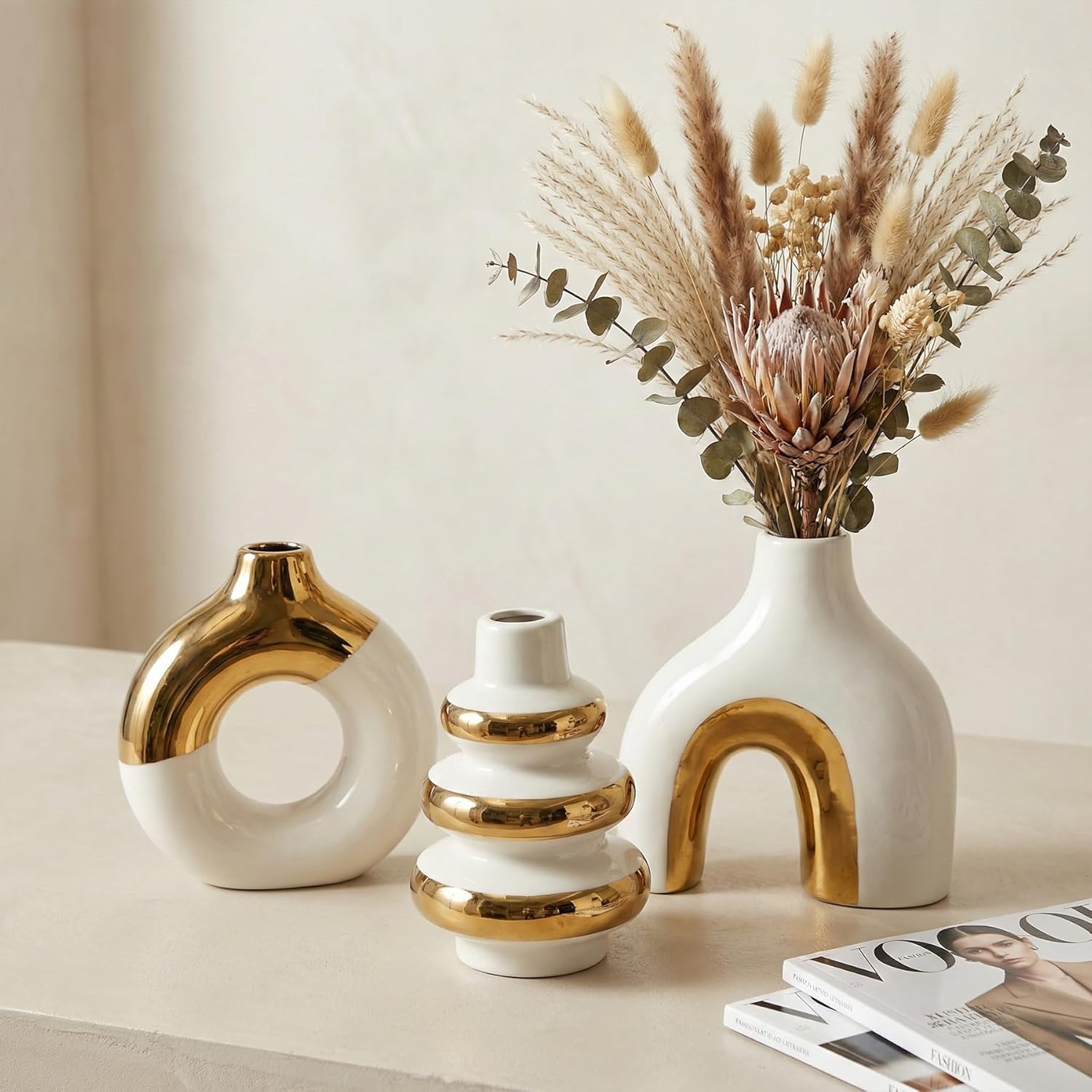 Round Boho Black Flower Vase — Set of 3 — White and Gold