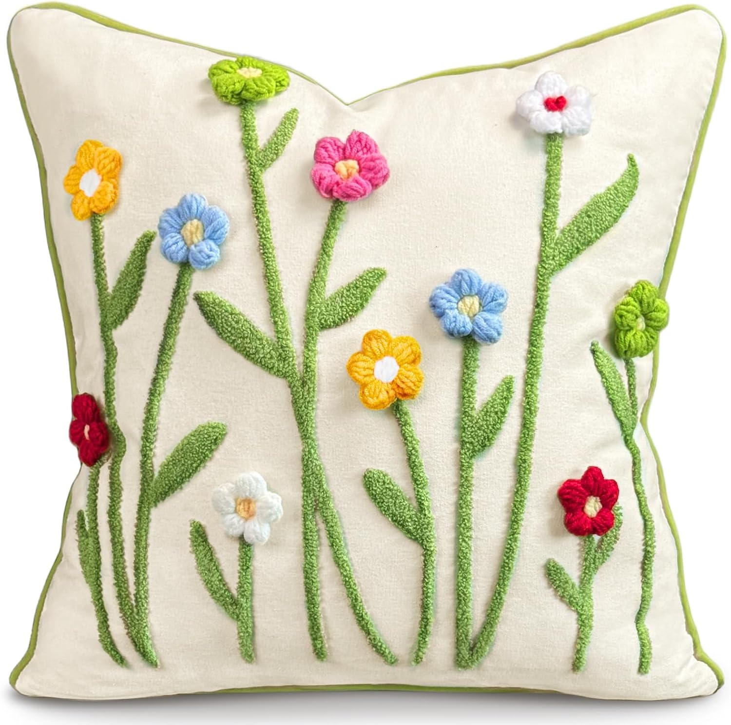 Tufted Boho Beige Throw Pillow Cover — 18" — Colorful Floral